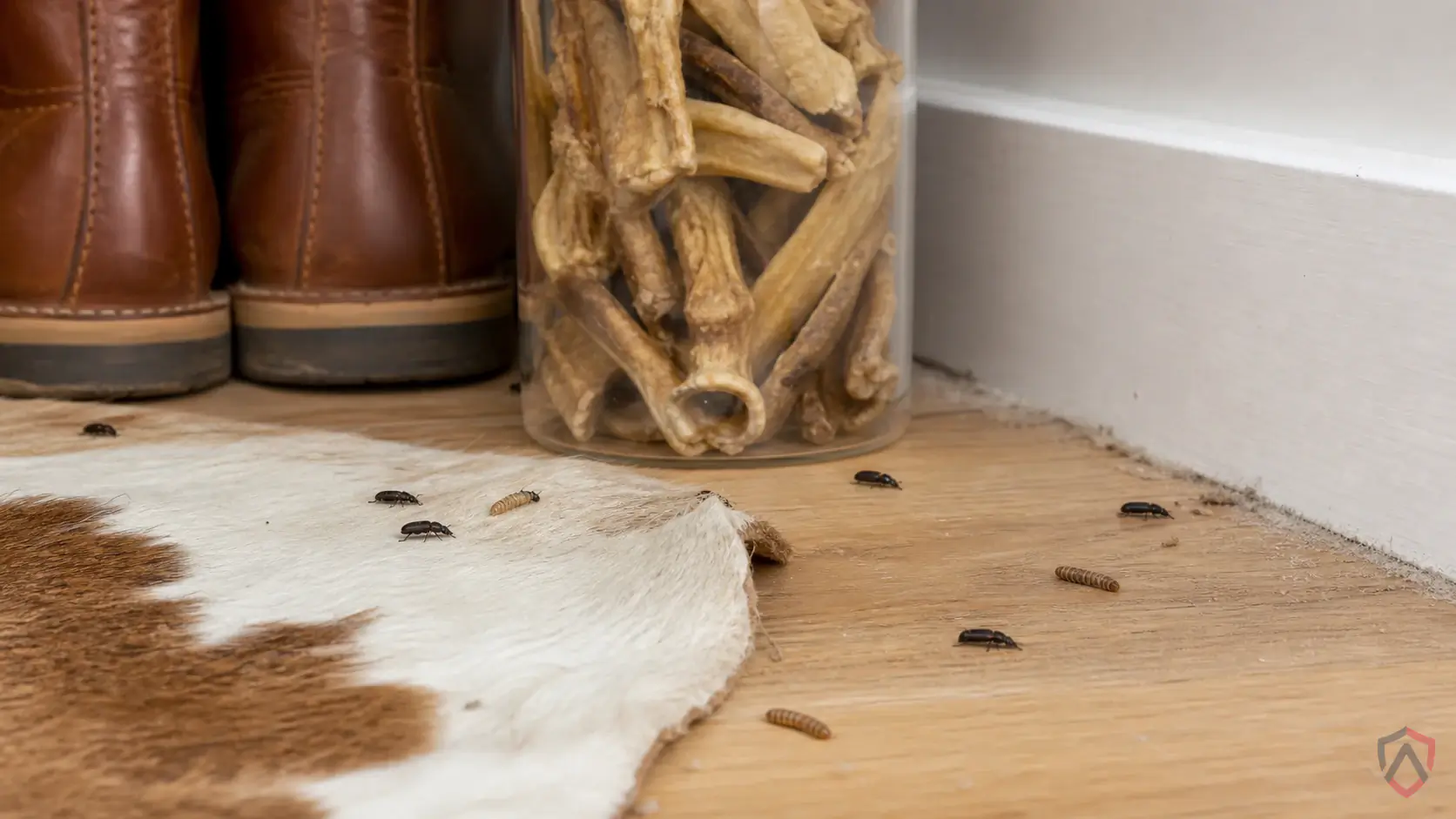 Hide Beetles activity in closets, wool rugs, stored clothing, taxidermy, pet bedding, vents, lint buildup, and attic storage in Minnesota