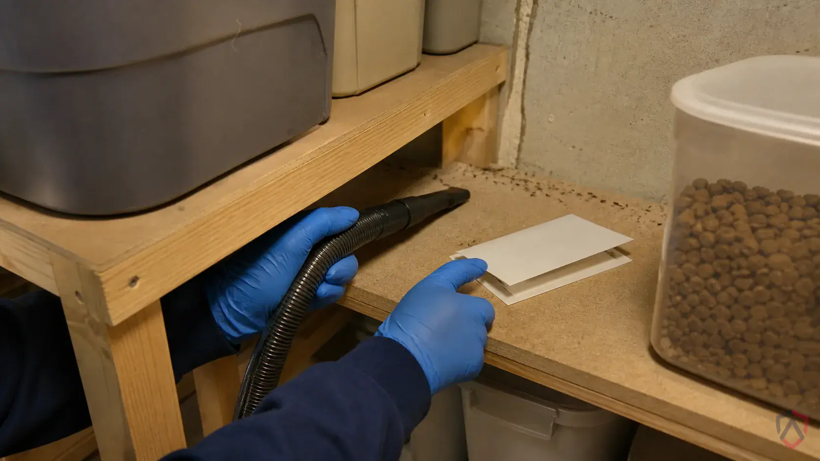 Inspection of closets, baseboards, rugs, upholstery seams, pet resting areas, and stored natural-fiber materials during a suspected Hide Beetles issue