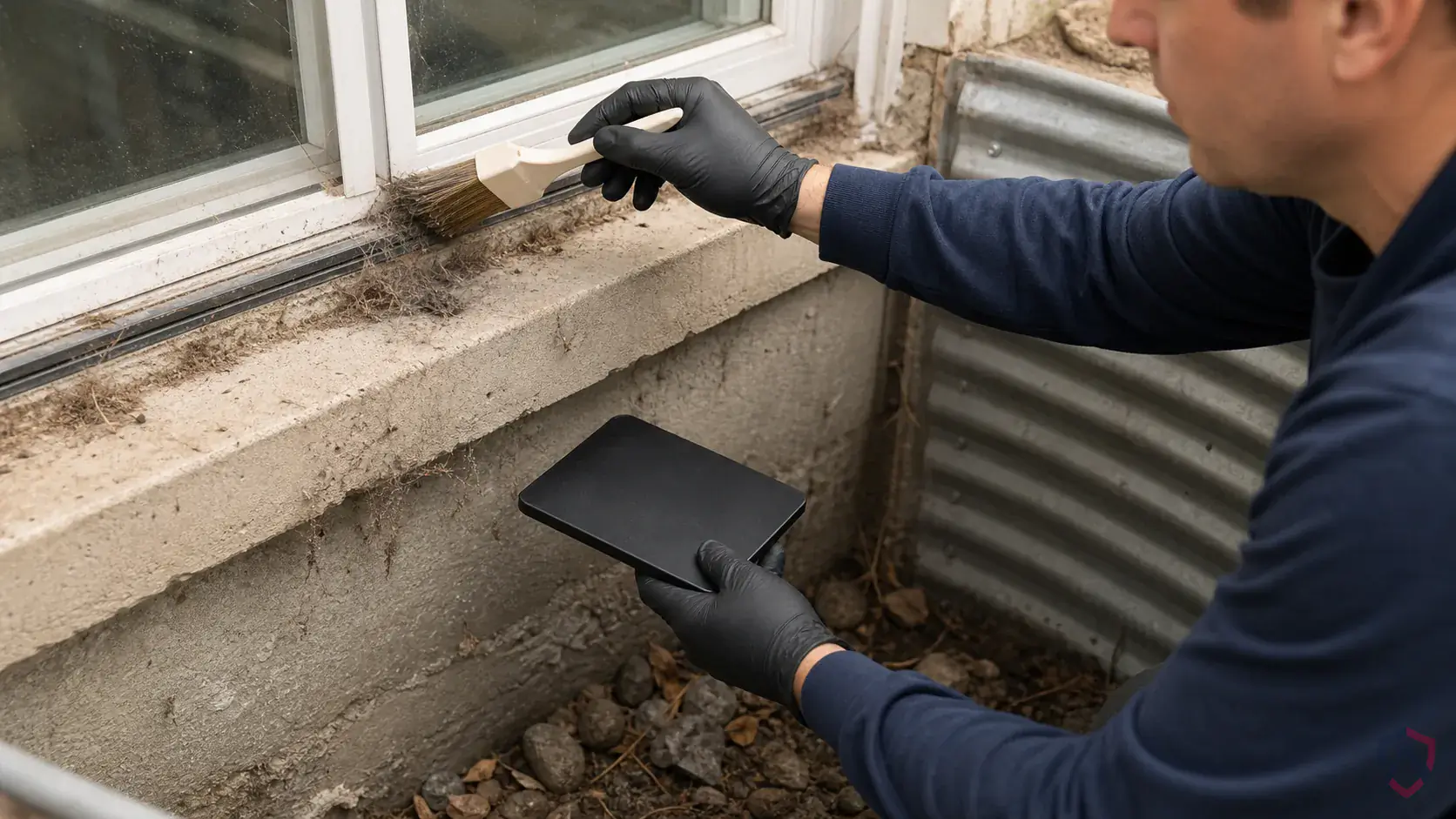 Inspection of webbing zones, corners, cracks, exterior light areas, and insect entry points during a suspected Hobo Spiders issue