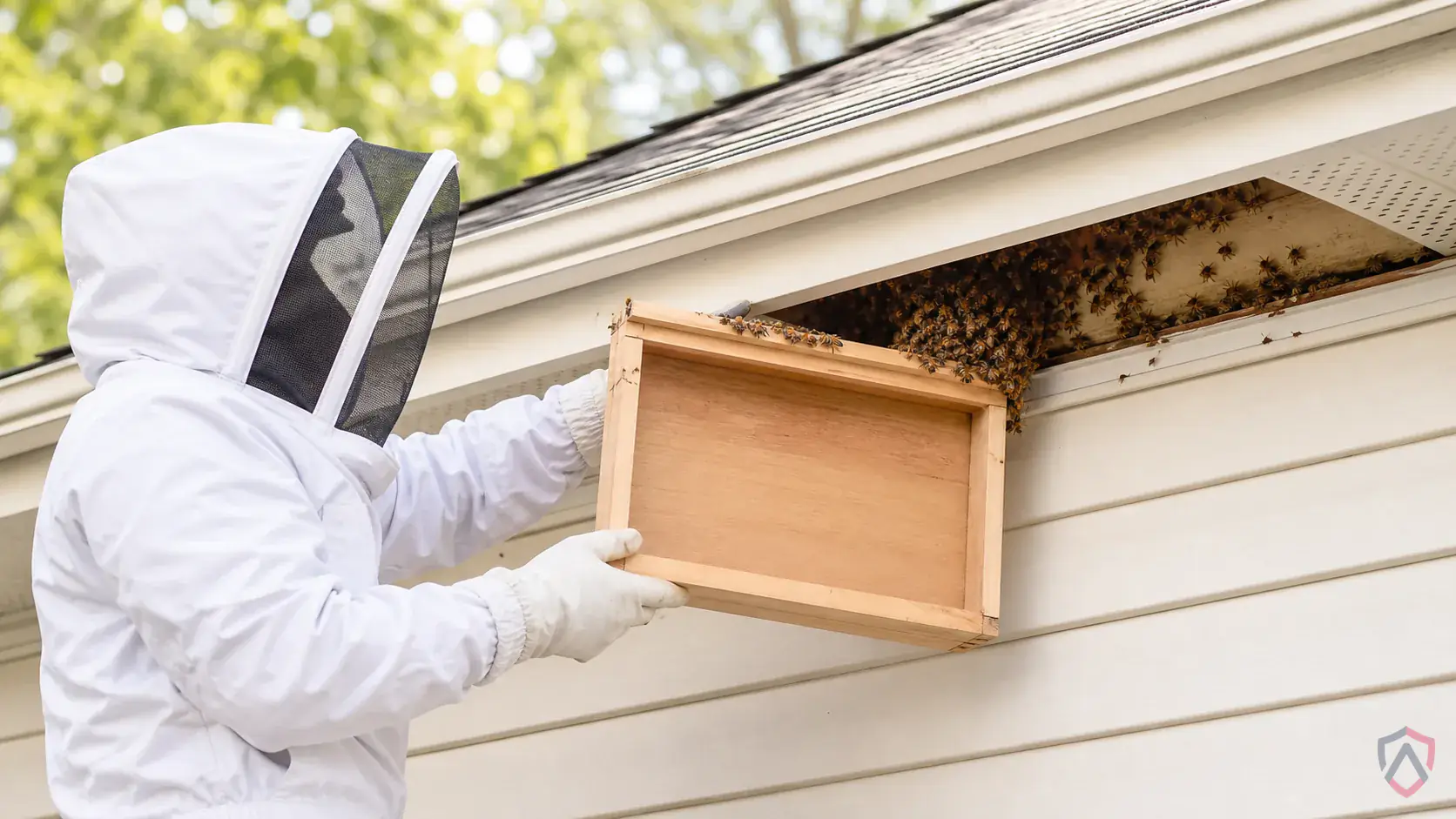 Inspection of nest entrances, eaves, soffits, shrubs, wall gaps, and high-traffic outdoor areas during a suspected Honey Bees issue