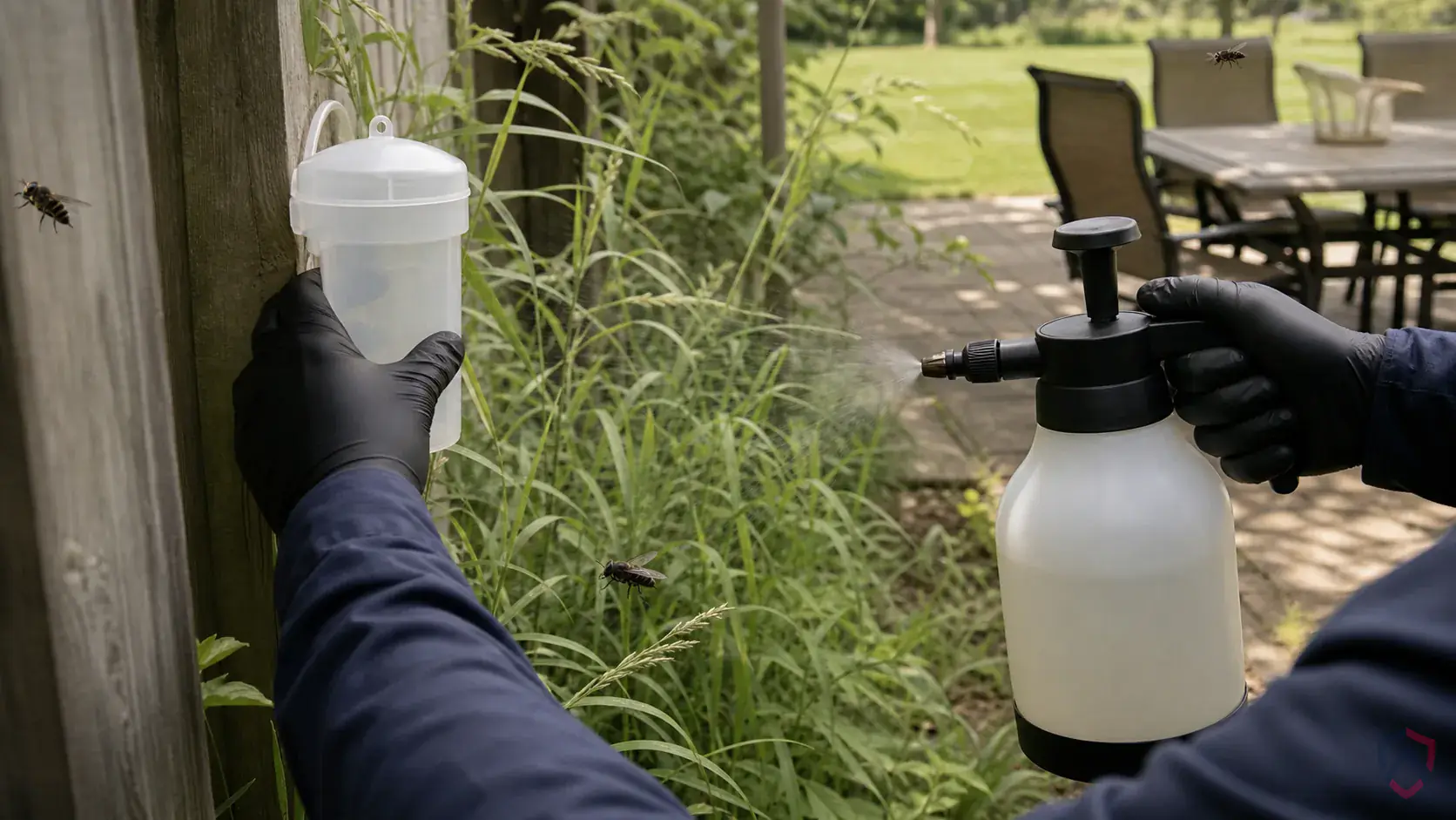 Inspection of moist organic buildup, drains, trash handling areas, window lines, and exterior entry points during a suspected Horse Flies issue