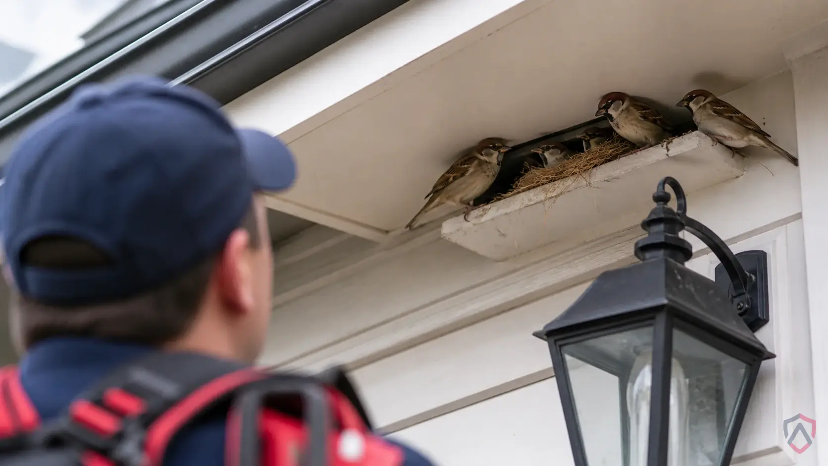 House Sparrows activity in vents, signs, eaves, roof returns, storefronts, and nest cavities in Minnesota
