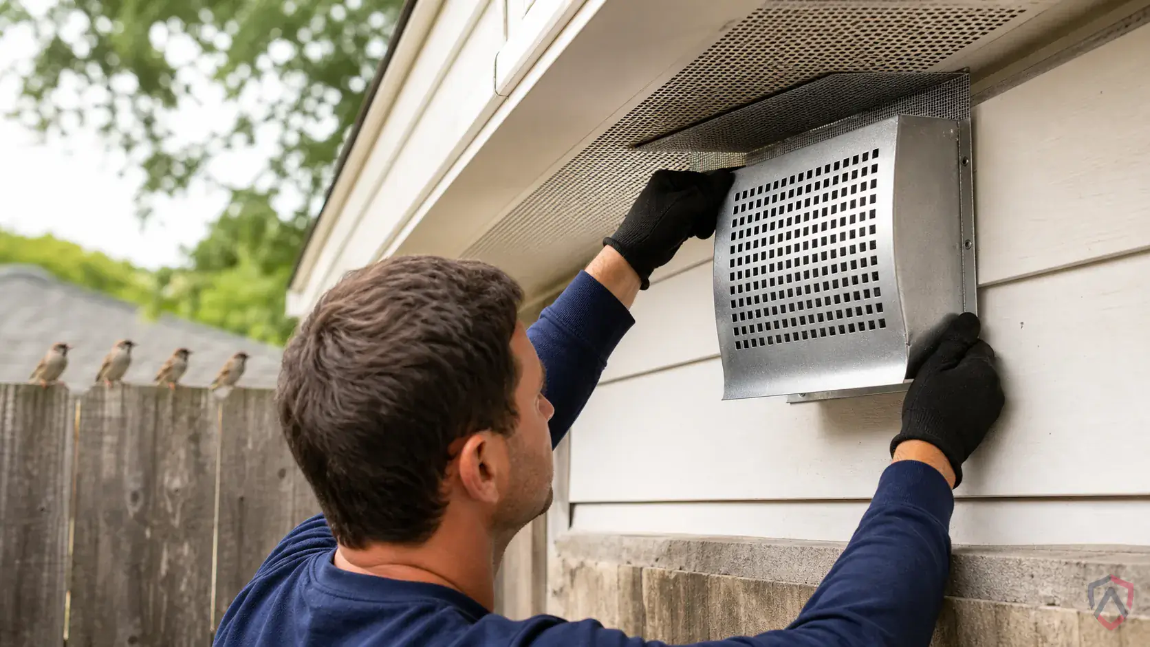 Inspection of roosting ledges, nest sites, vents, attic openings, signs, soffits, and damaged siding during a suspected House Sparrows issue