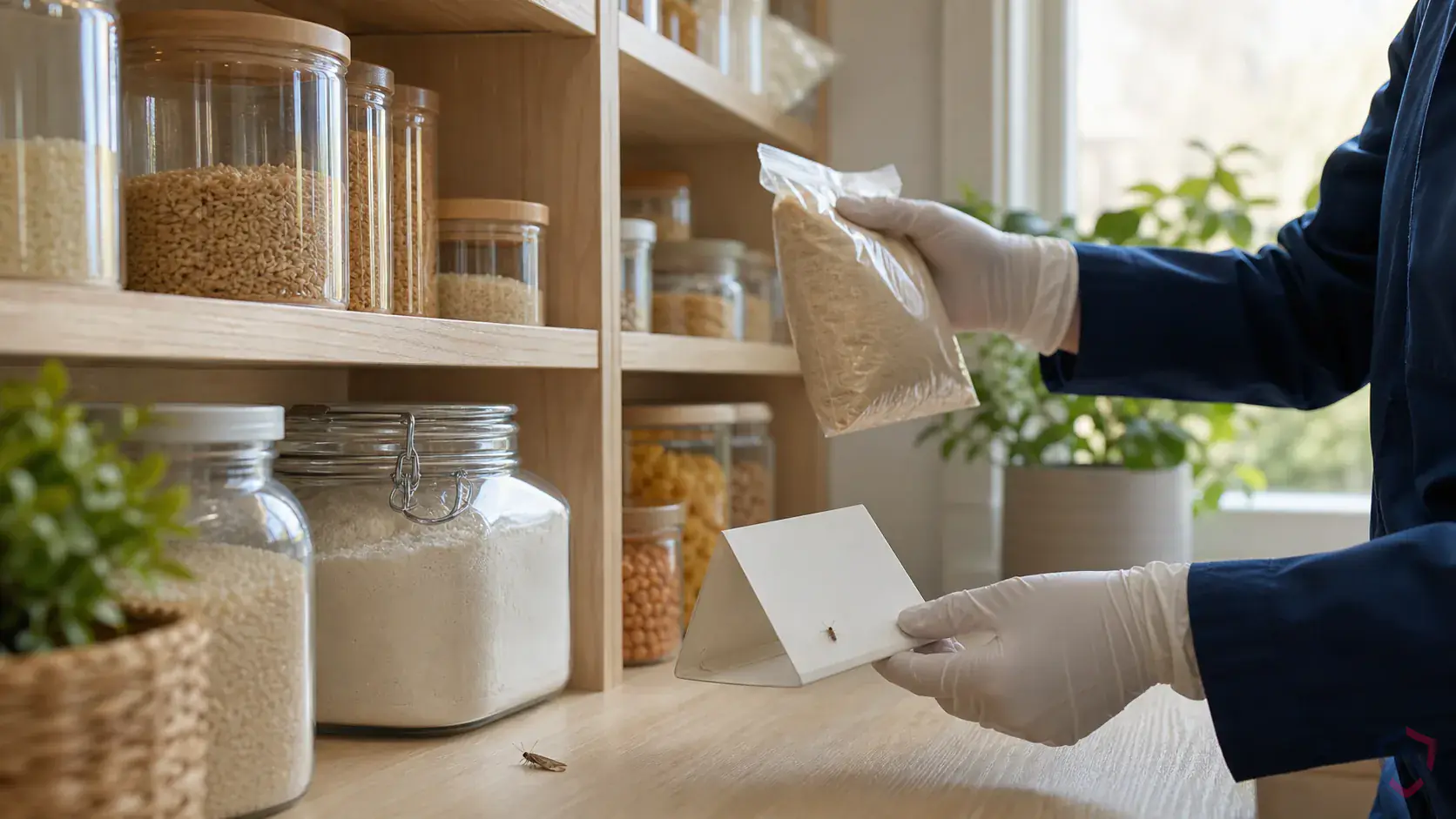 Inspection of dry goods, shelving cracks, storage rooms, discarded packaging, and product spill zones during a suspected Indianmeal Moths issue