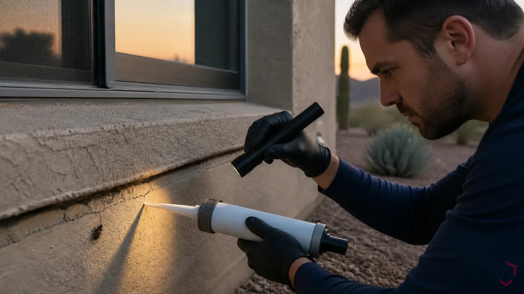 Inspection of perimeter gaps, siding transitions, window frames, doors, soffits, and overwintering entry points during a suspected Kissing Bugs issue