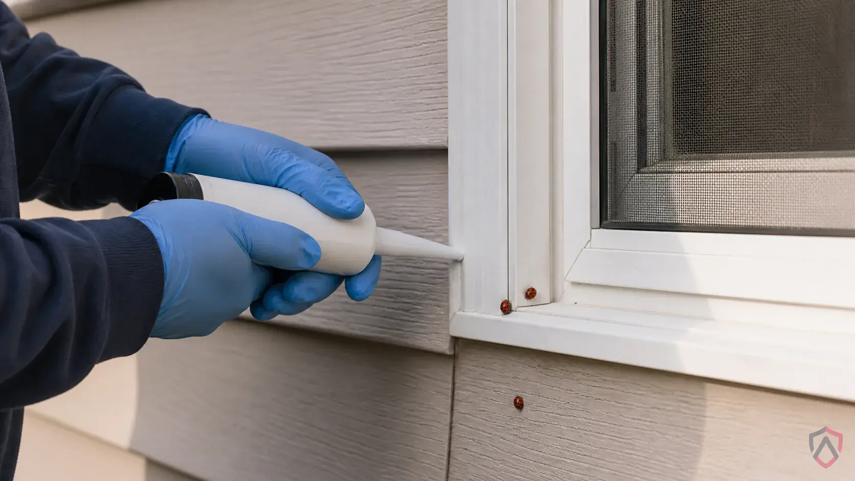 Inspection of exterior cracks, window frames, soffits, siding gaps, and overwintering clusters during a suspected Lady Beetles issue
