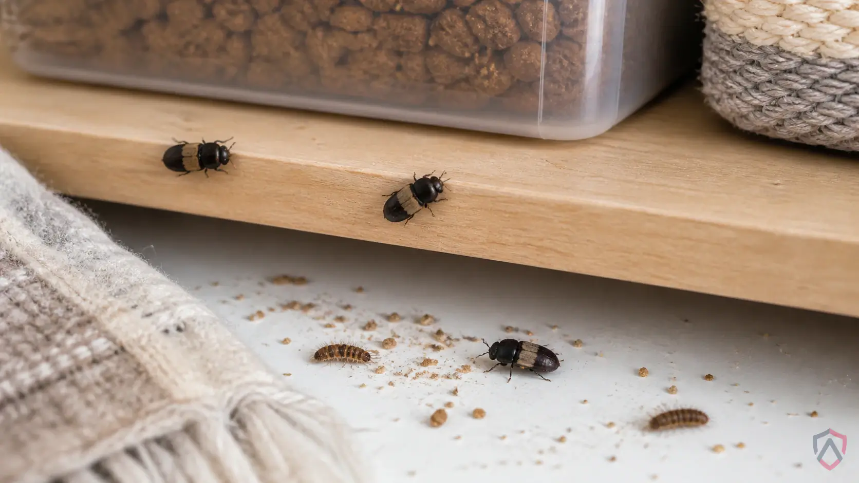Larder Beetles activity in closets, wool rugs, stored clothing, taxidermy, pet bedding, vents, lint buildup, and attic storage in Minnesota