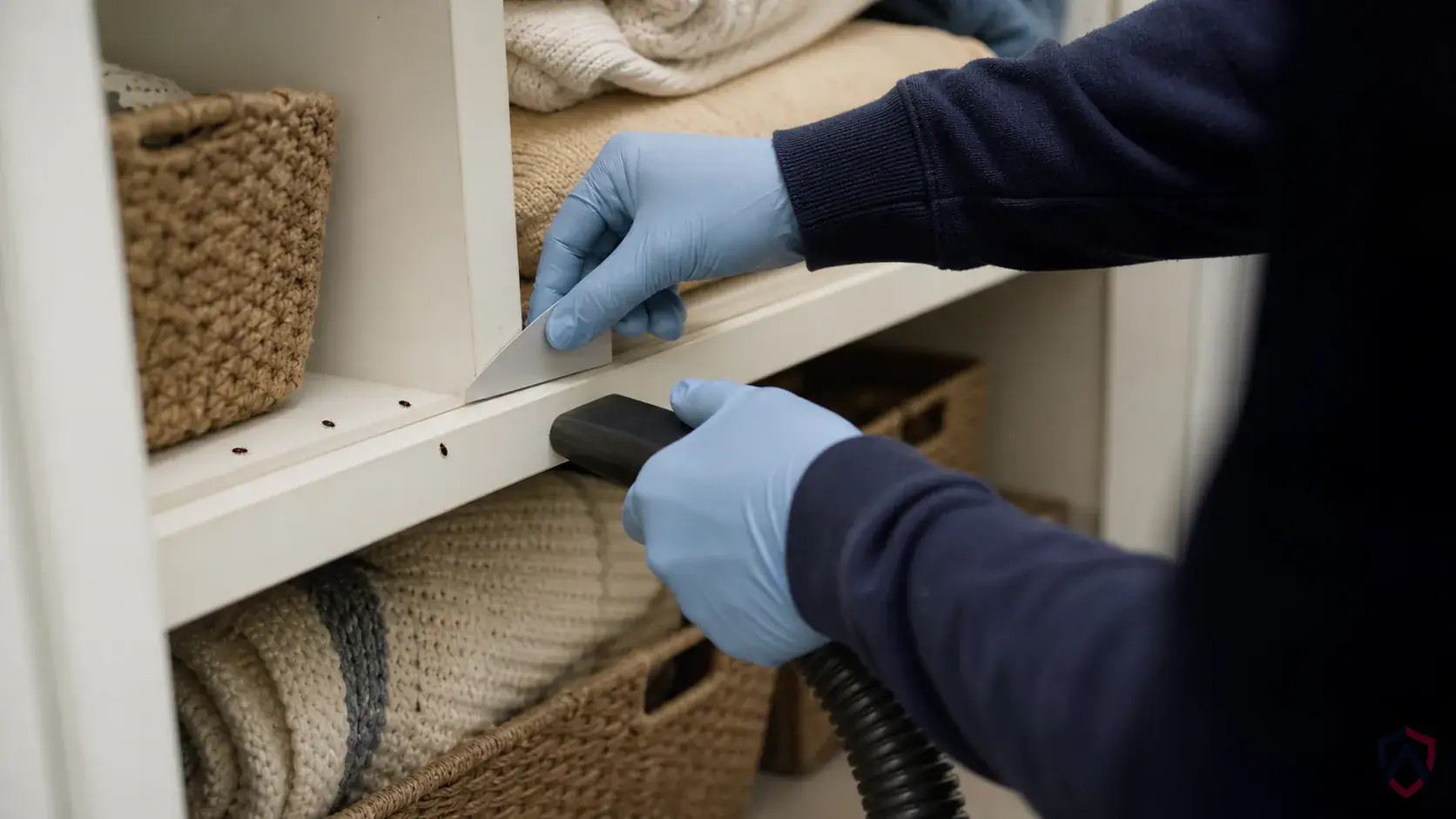 Inspection of closets, baseboards, rugs, upholstery seams, pet resting areas, and stored natural-fiber materials during a suspected Larder Beetles issue