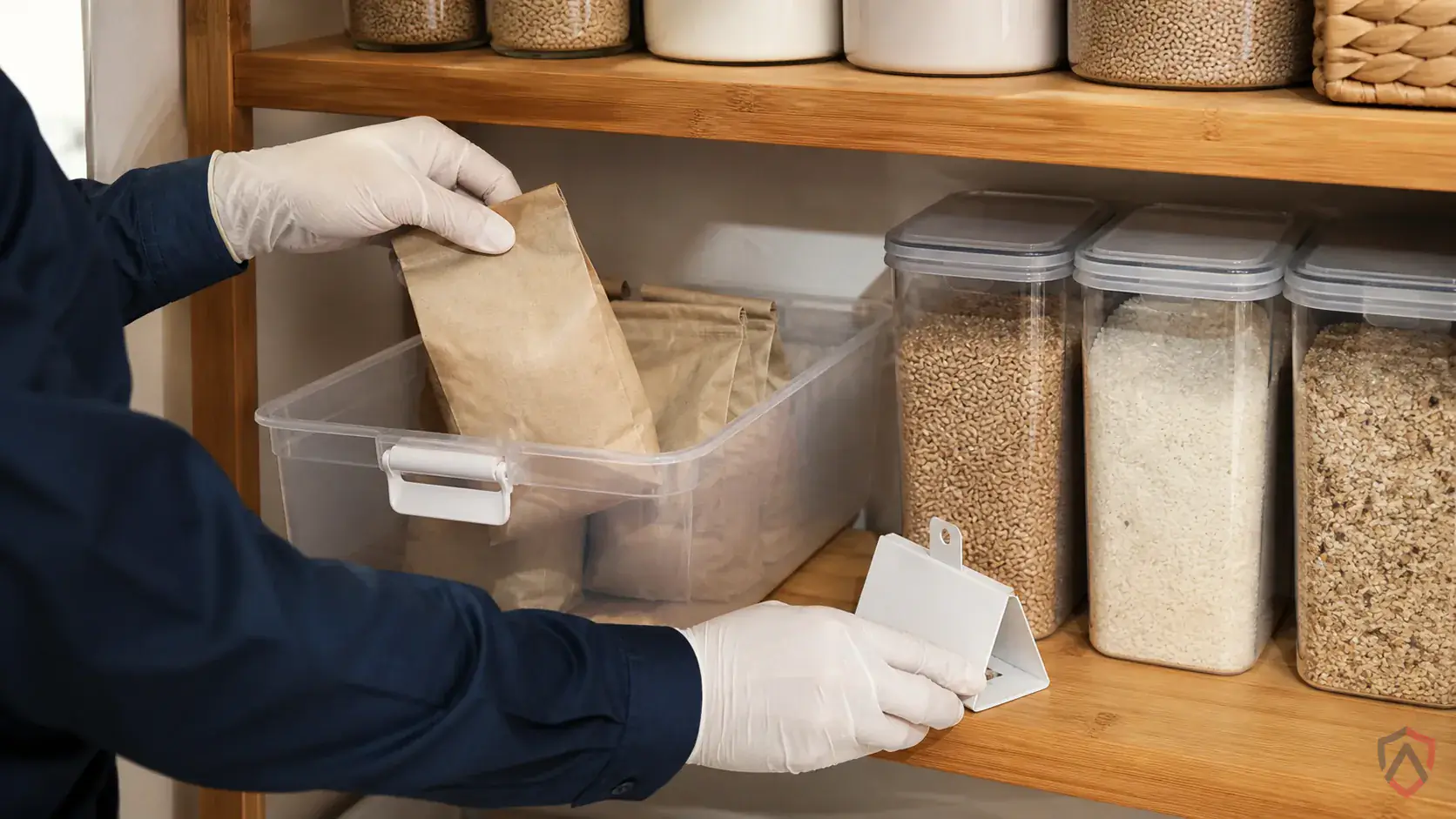 Inspection of dry goods, shelving cracks, storage rooms, discarded packaging, and product spill zones during a suspected Lesser Grain Borers issue
