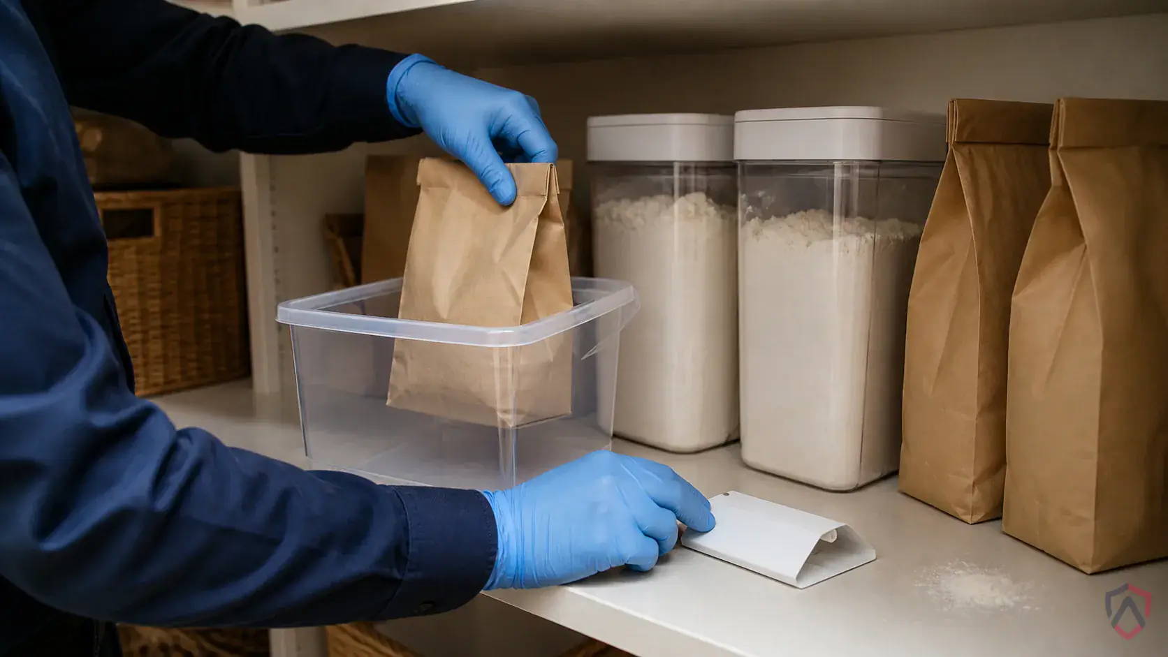 Inspection of dry goods, shelving cracks, storage rooms, discarded packaging, and product spill zones during a suspected Mediterranean Flour Moths issue