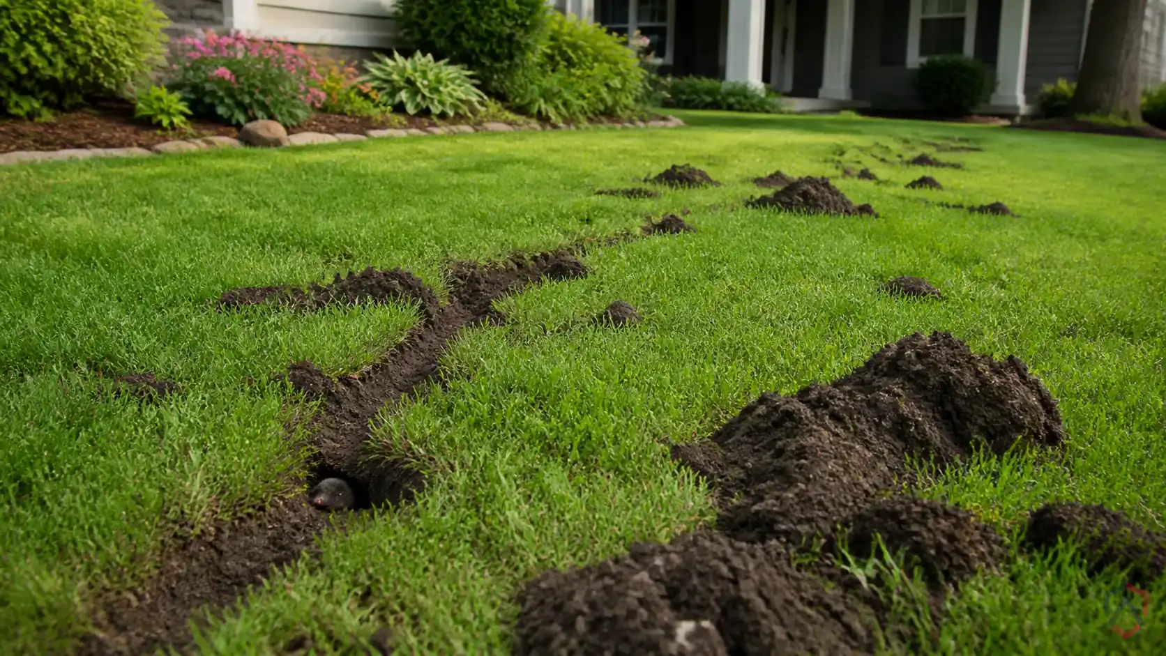 Moles activity in raised lawn tunnels, soft soil, garden beds, and moist turf with insect prey in Minnesota
