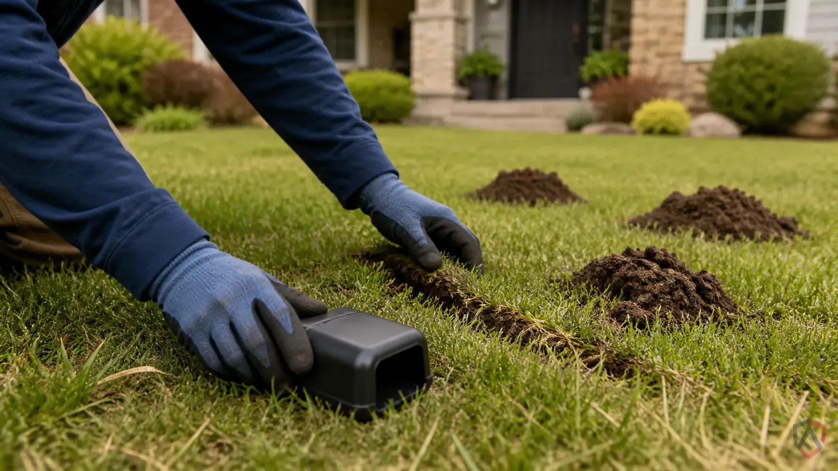 Inspection of droppings, gnaw marks, runways, burrows, utility gaps, garage corners, and foundation openings during a suspected Moles issue