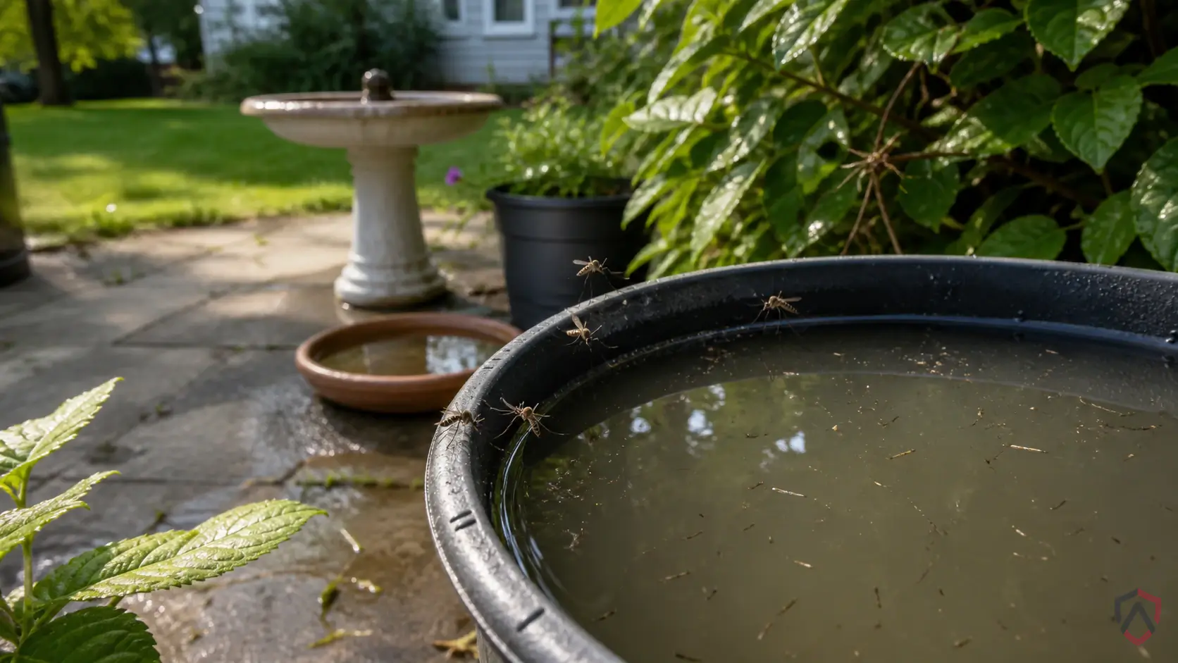 Mosquitoes activity in standing water, shaded shrubs, patios, fence lines, and damp yard edges in Minnesota