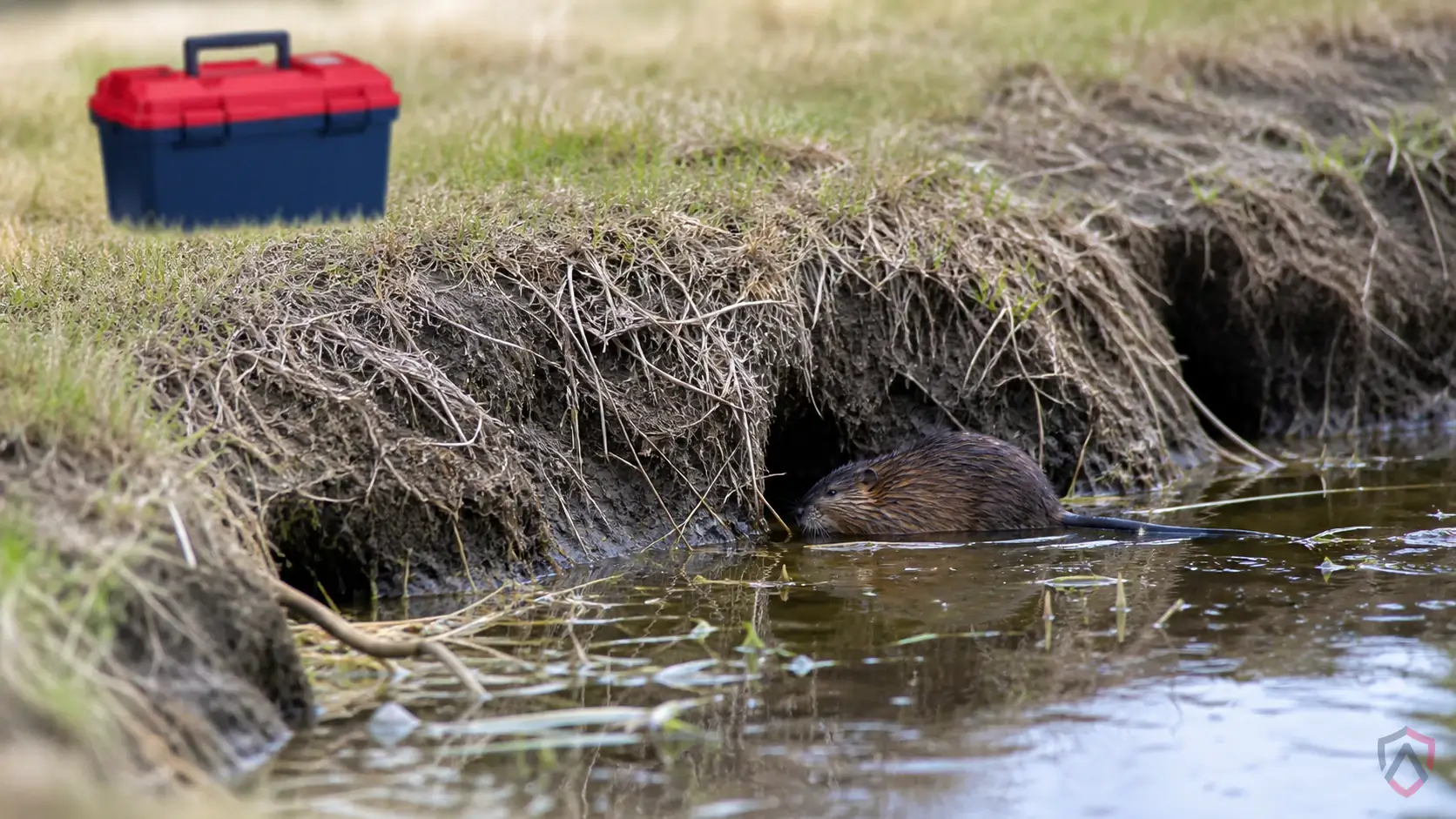 Muskrats activity in pond banks, drainage ditches, shorelines, docks, culverts, and soft bank edges in Minnesota