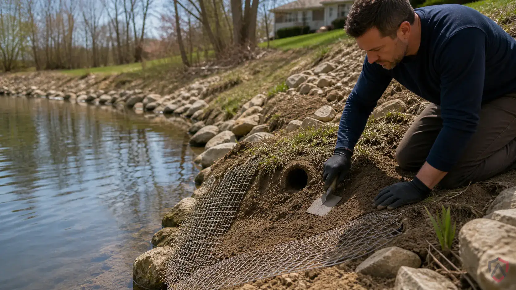 Inspection of bank burrows, slides, feeding platforms, droppings, vegetation damage, and eroding shorelines during a suspected Muskrats issue