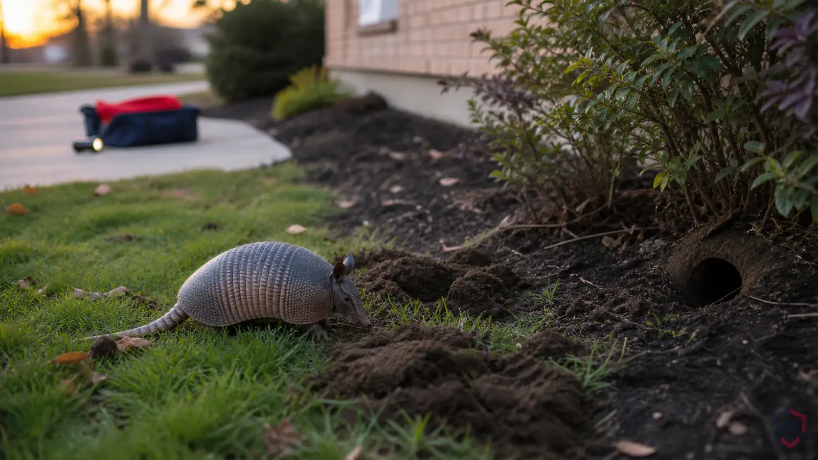 Nine-Banded Armadillos activity in lawns, mulch beds, gardens, crawl-space edges, wooded borders, and soft soil in Minnesota