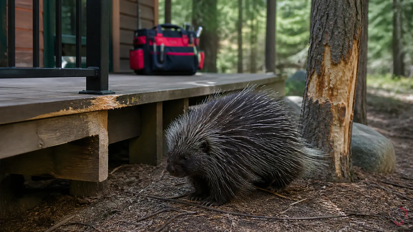 North American Porcupines activity in trees, wooded edges, sheds, decks, cabins, salt-treated wood, and garden structures in Minnesota