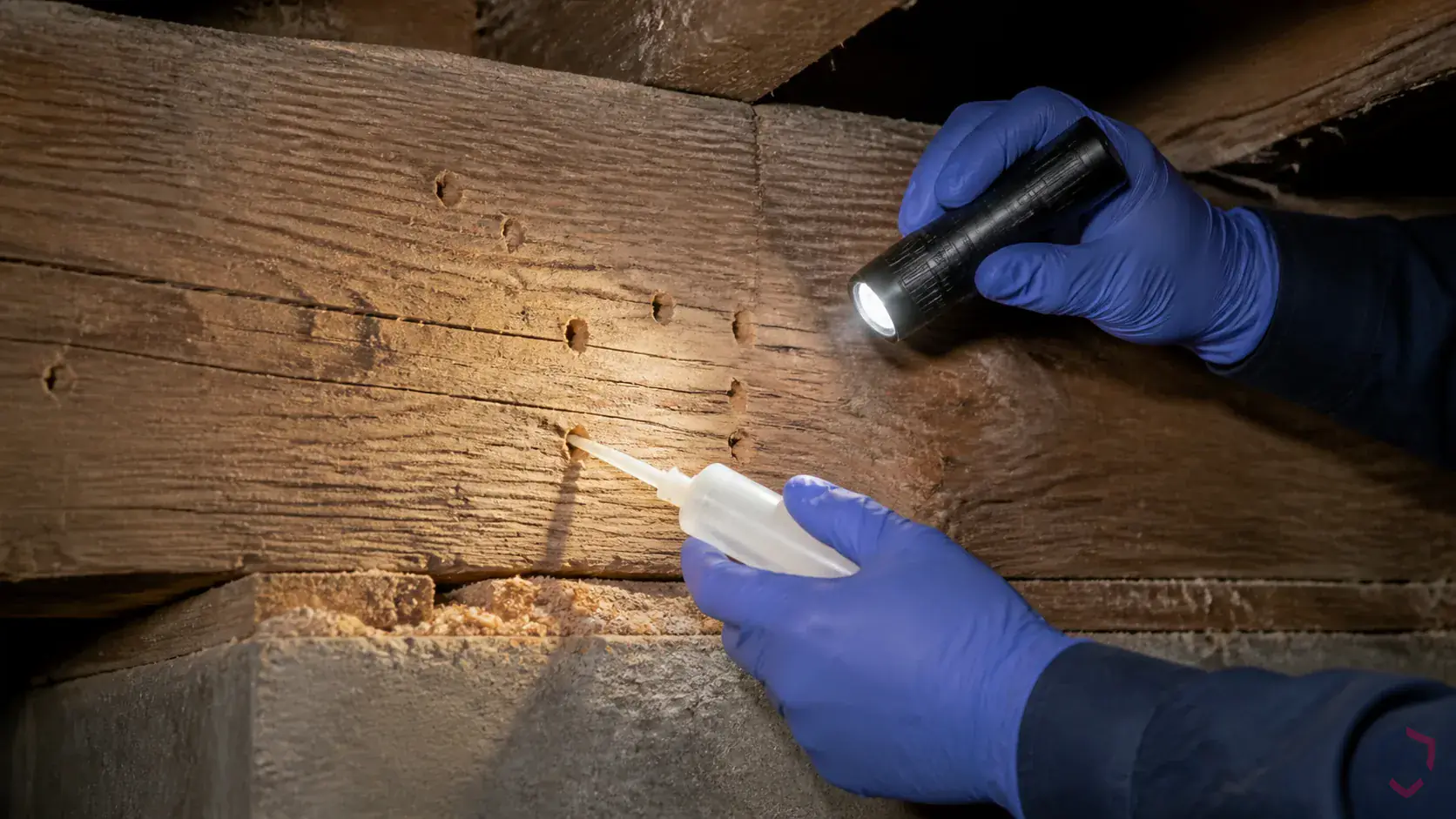 Inspection of wood-to-soil contact, moisture-damaged wood, wall voids, foundation edges, and entry galleries during a suspected Old House Borers issue