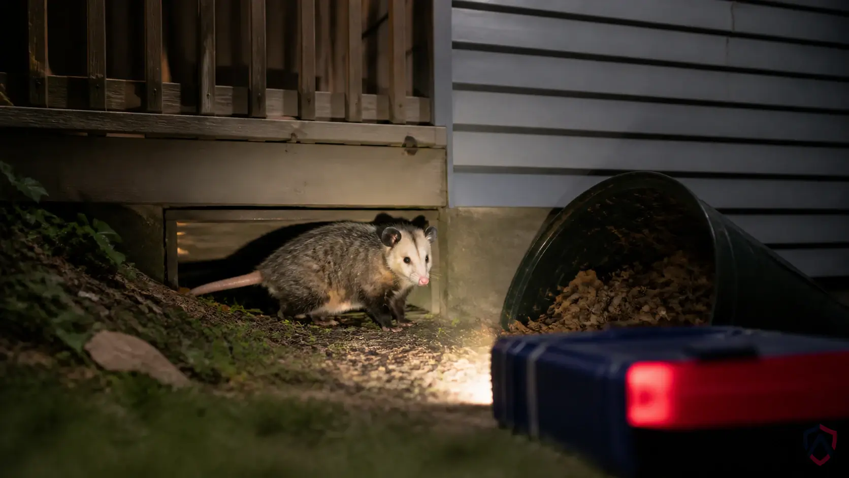 Opossums activity in crawl spaces, decks, sheds, garages, pet food areas, trash storage, and quiet shelter sites in Minnesota