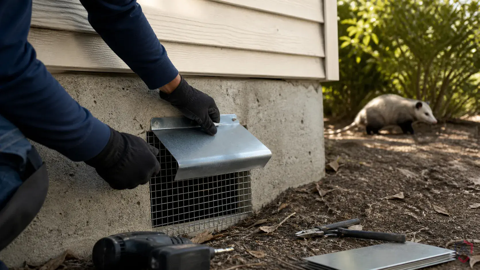 Inspection of entry gaps, droppings, tracks, denning spaces, pet-food areas, and exterior shelter during a suspected Opossums issue