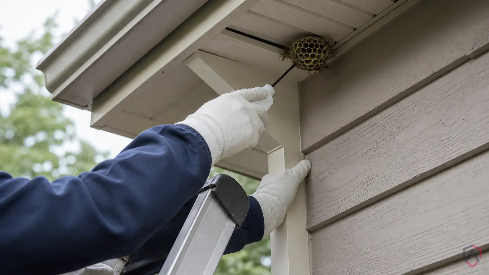 Inspection of nest entrances, eaves, soffits, shrubs, wall gaps, and high-traffic outdoor areas during a suspected Paper Wasps issue
