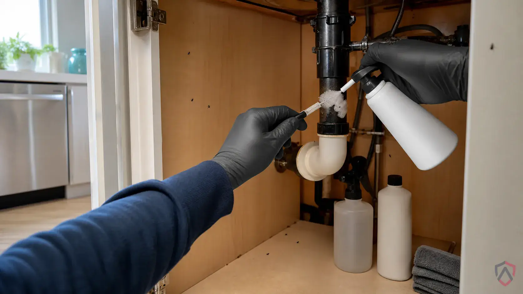 Inspection of moist organic buildup, drains, trash handling areas, window lines, and exterior entry points during a suspected Phorid Flies issue