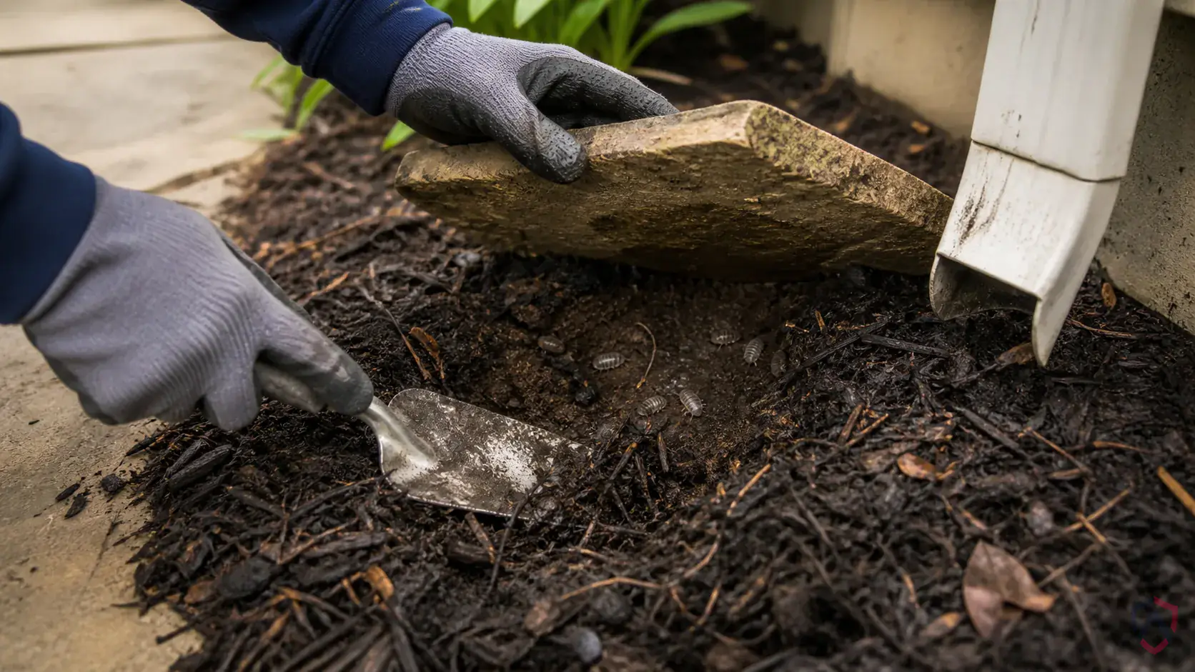 Inspection of perimeter gaps, siding transitions, window frames, doors, soffits, and overwintering entry points during a suspected Pillbugs issue