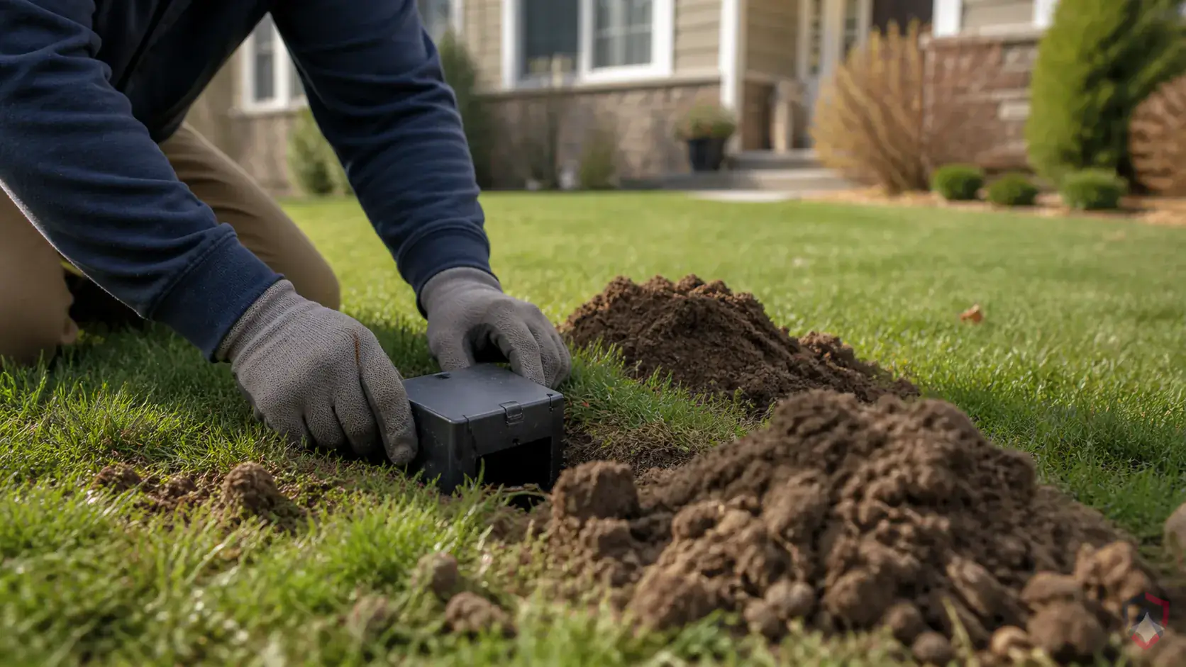 Inspection of droppings, gnaw marks, runways, burrows, utility gaps, garage corners, and foundation openings during a suspected Pocket Gopher issue