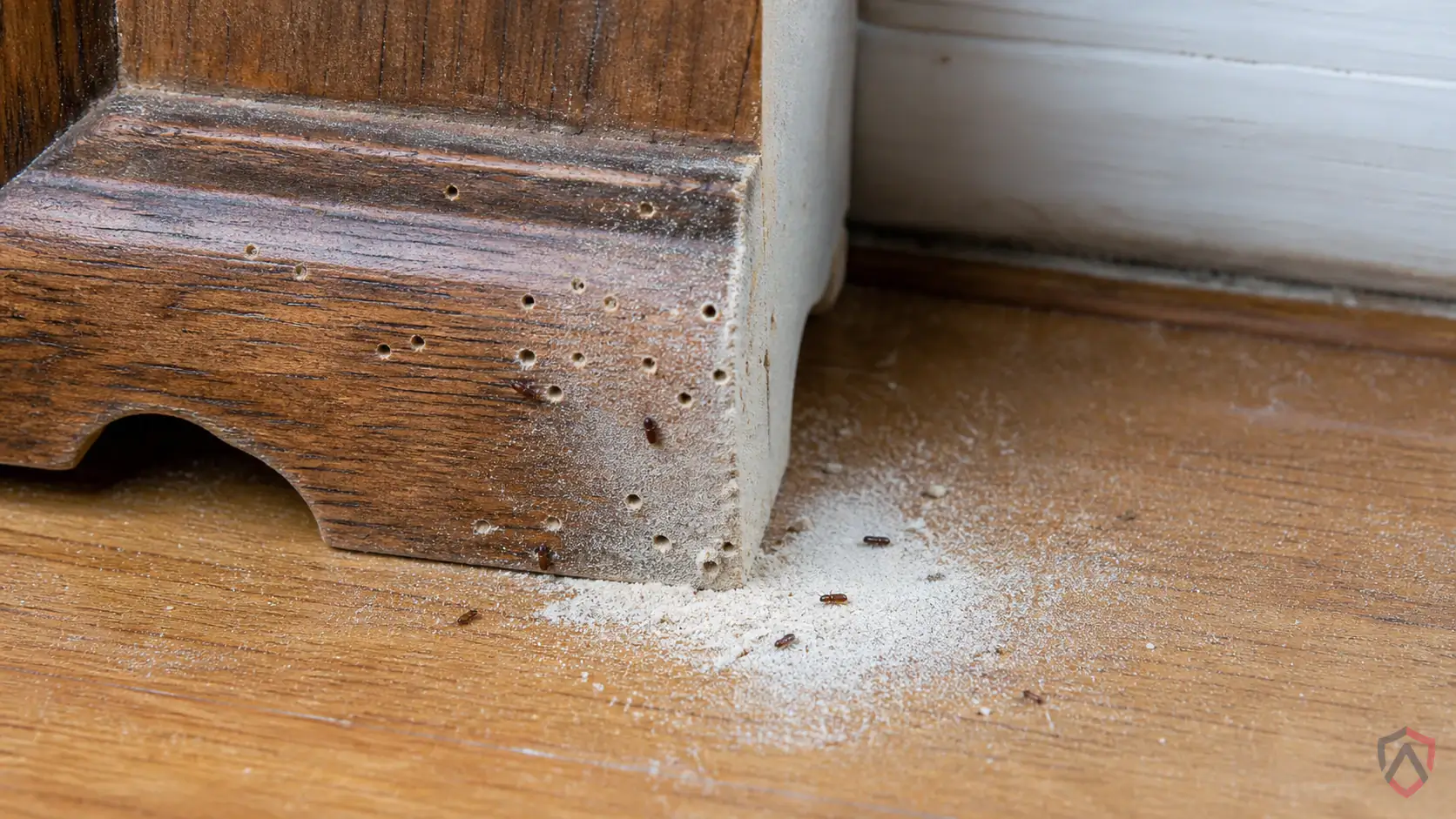 Powder Post Beetles activity in wood trim, sill plates, crawl spaces, basements, deck connections, window frames, and damp framing in Minnesota
