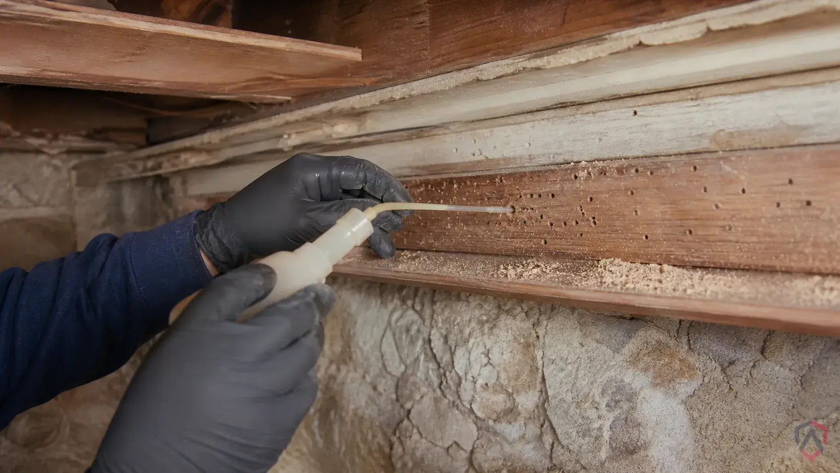 Inspection of wood-to-soil contact, moisture-damaged wood, wall voids, foundation edges, and entry galleries during a suspected Powder Post Beetles issue