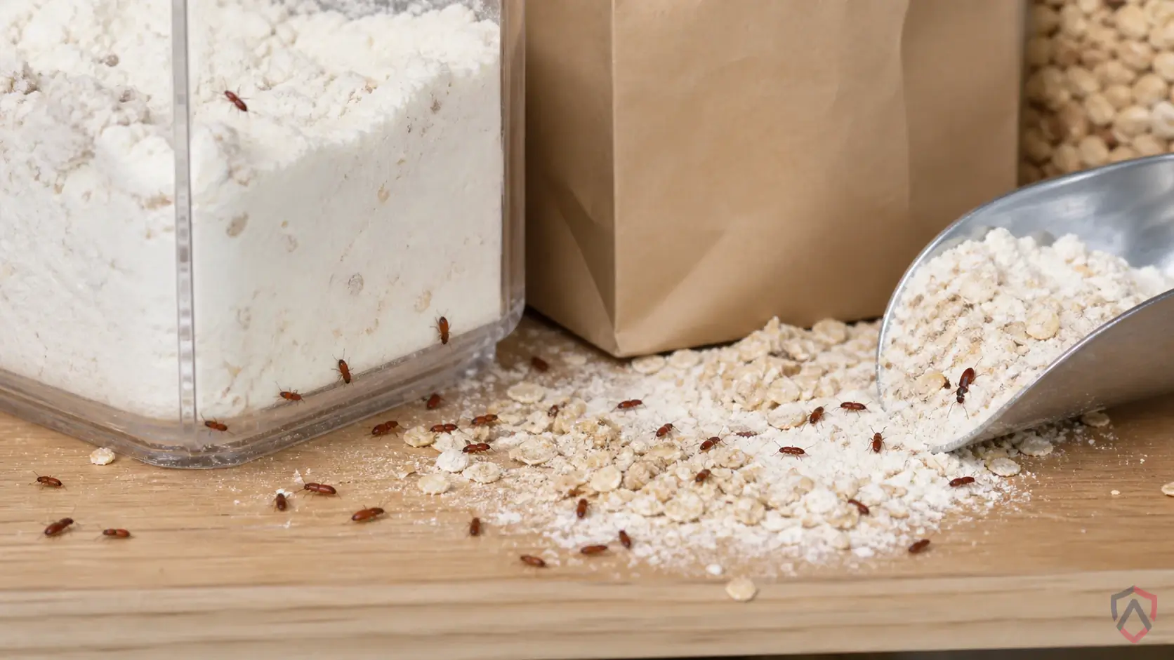 Red Flour Beetles activity in pantries, dry pet food, cereal, flour, rice, spices, birdseed, warehouses, and restaurant storage in Minnesota