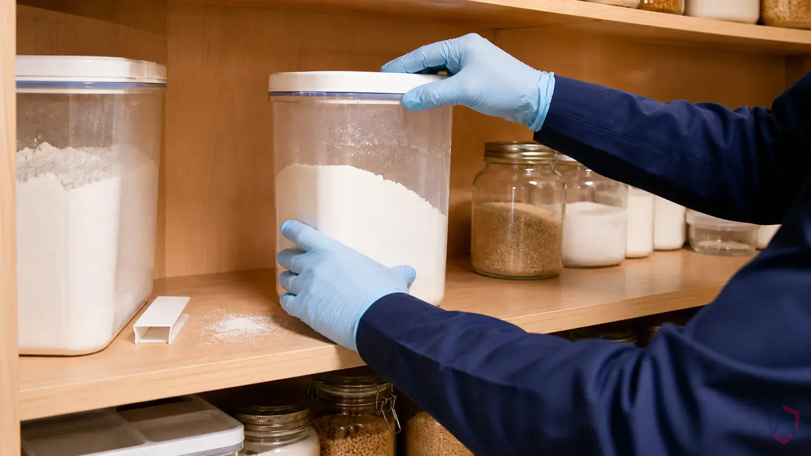 Inspection of dry goods, shelving cracks, storage rooms, discarded packaging, and product spill zones during a suspected Red Flour Beetles issue