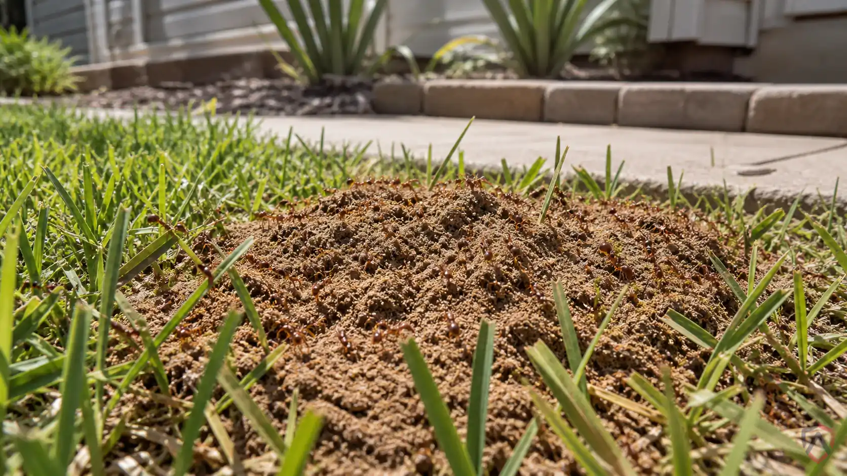 Red Imported Fire Ants activity in soil mounds, lawns, patios, utility areas, and warm exterior edges in Minnesota