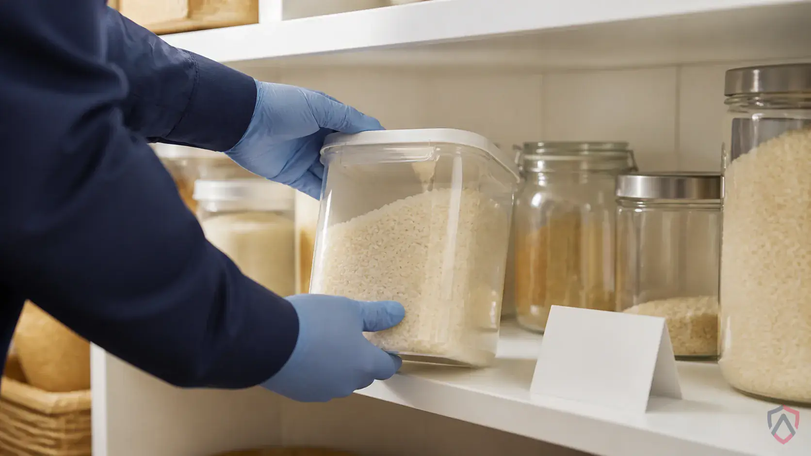 Inspection of dry goods, shelving cracks, storage rooms, discarded packaging, and product spill zones during a suspected Rice Weevils issue