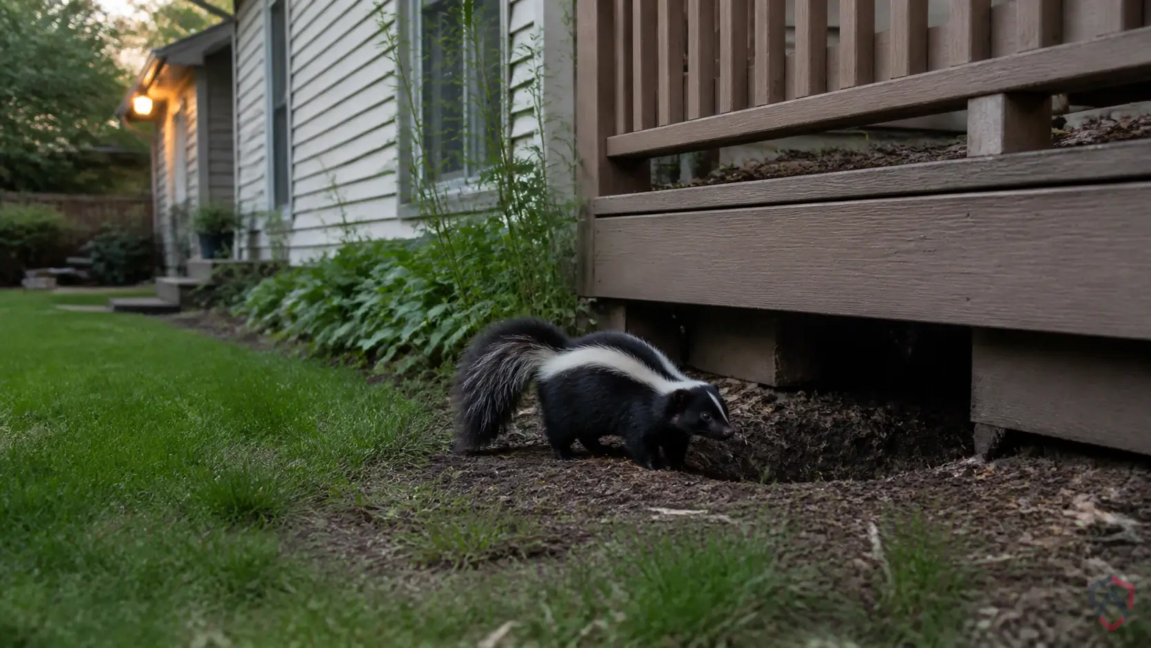 Skunks activity in decks, sheds, crawl spaces, lawns, garbage areas, pet food zones, and den openings in Minnesota