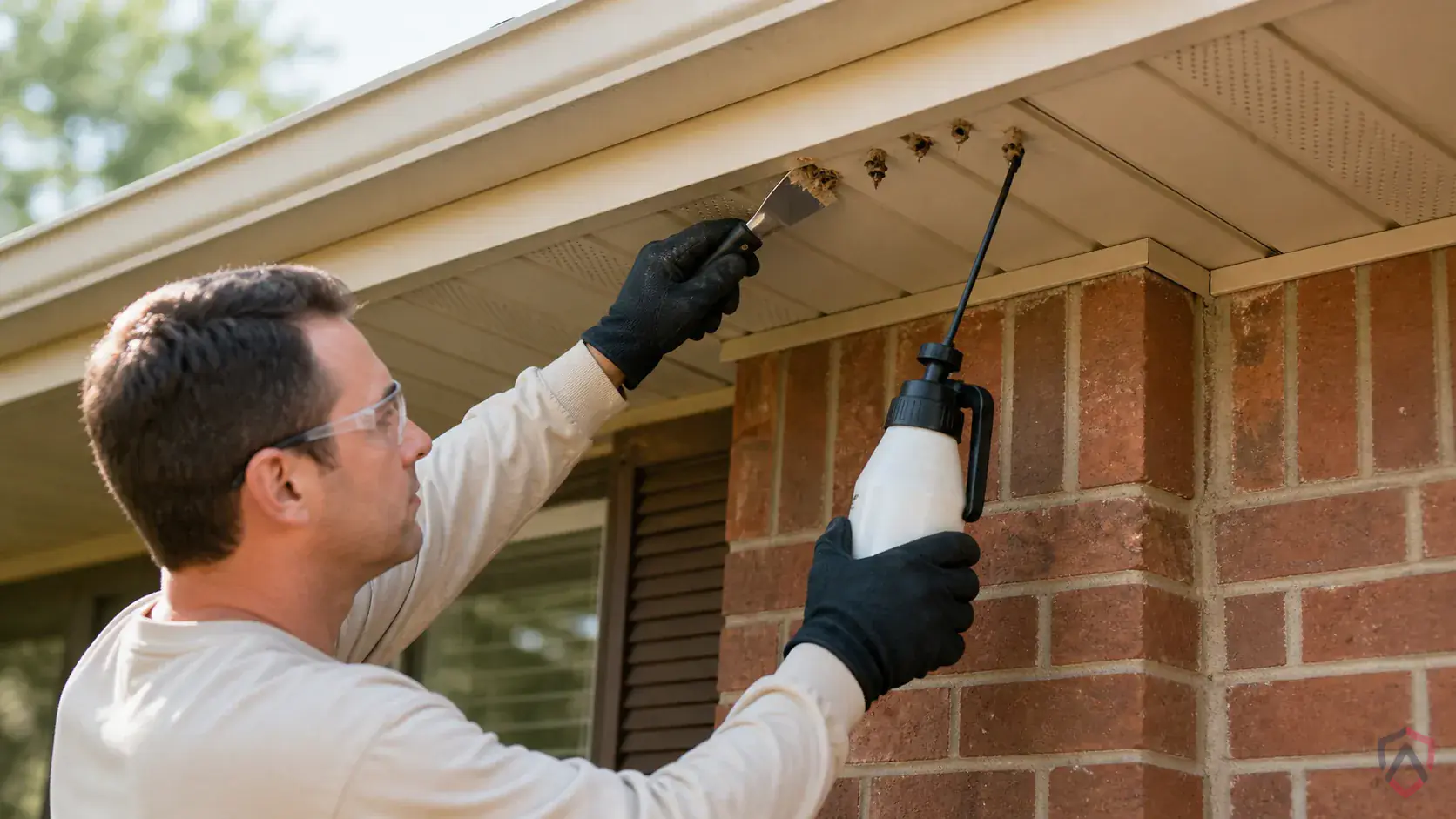 Inspection of nest entrances, eaves, soffits, shrubs, wall gaps, and high-traffic outdoor areas during a suspected Solitary Wasps issue