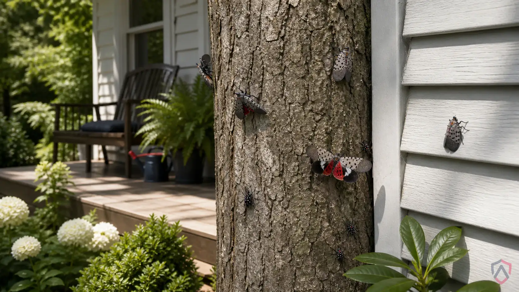 Spotted Lanternflies activity in kitchens, foundation edges, patios, wall lines, windows, and damp trim in Minnesota