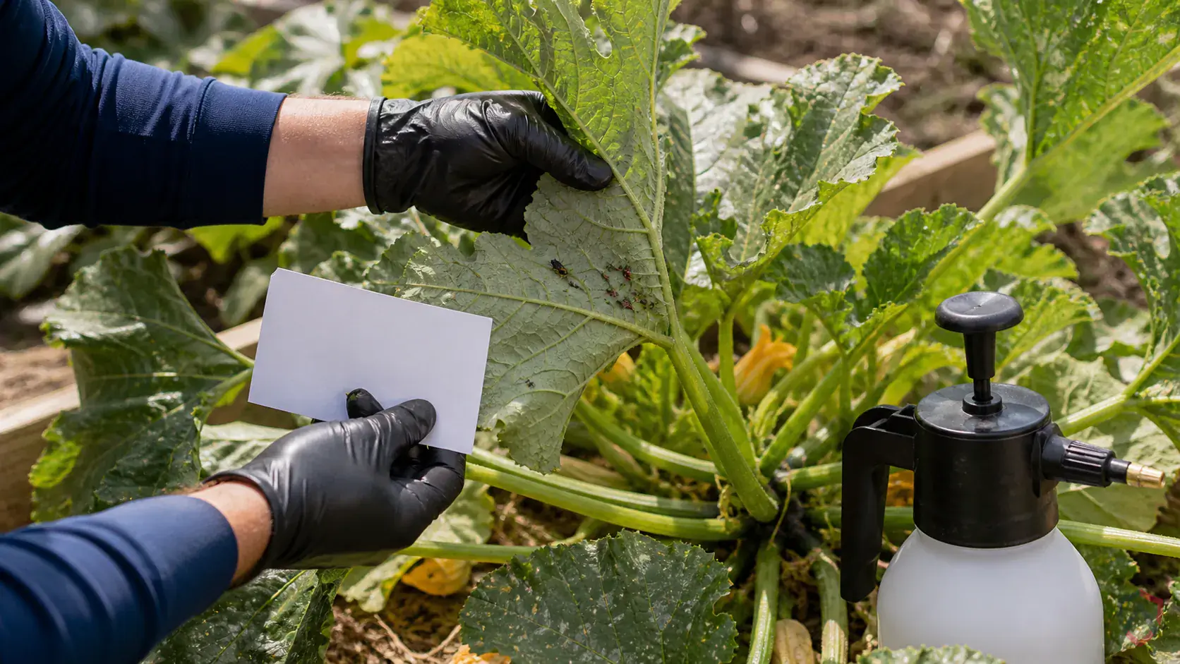 Inspection of affected plants, leaf undersides, turf edges, mulch beds, trunks, and nearby harborage during a suspected Squash Bugs issue