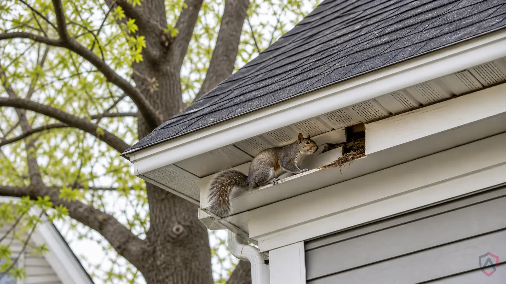 Squirrels activity in attics, rooflines, soffits, vents, trees touching the home, decks, and bird feeder areas in Minnesota