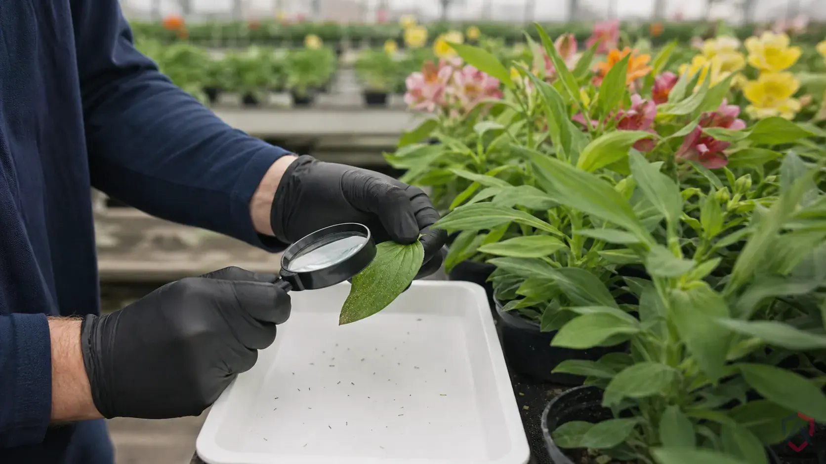 Inspection of affected plants, leaf undersides, turf edges, mulch beds, trunks, and nearby harborage during a suspected Thrips issue