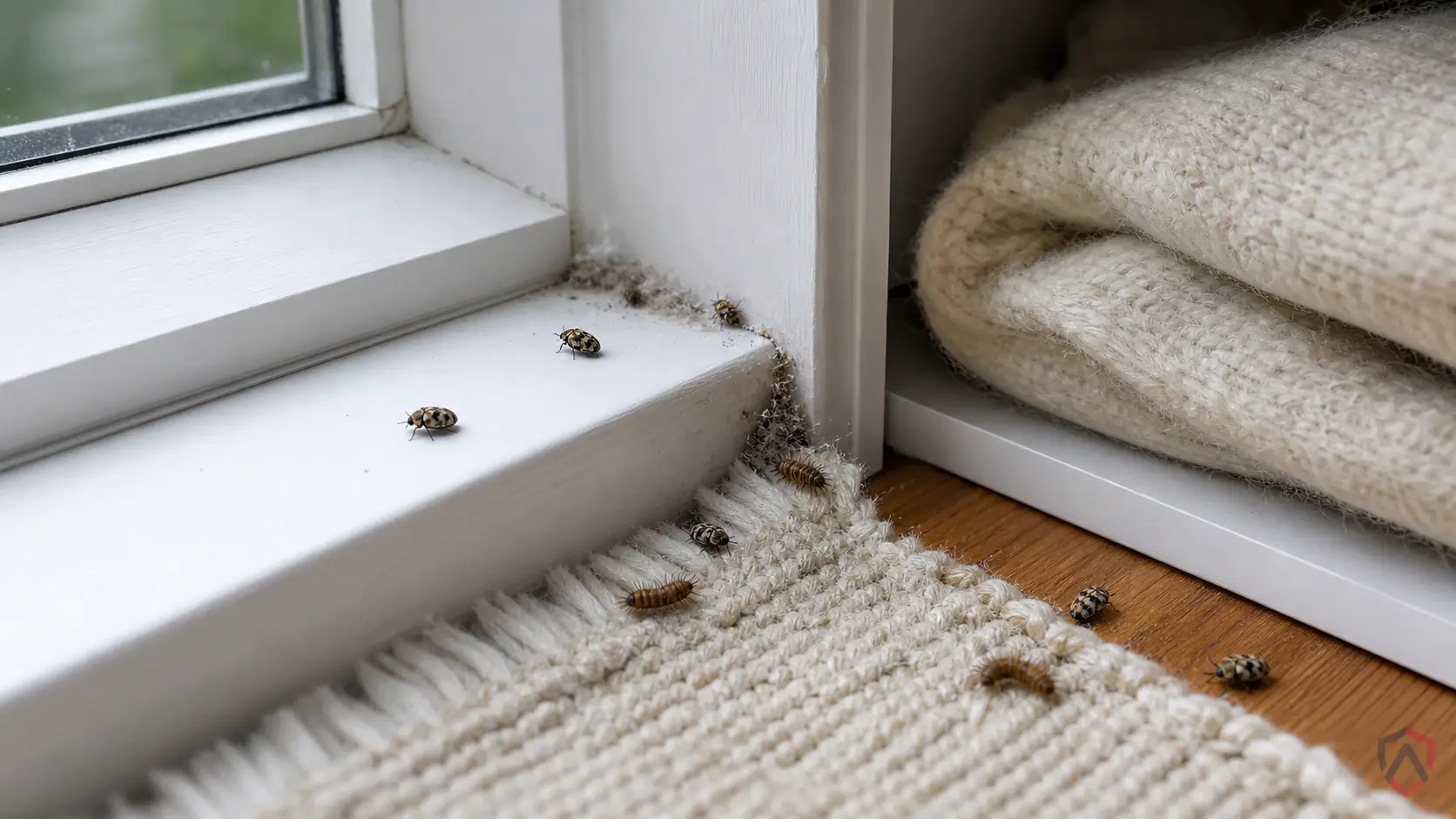 Varied Carpet Beetles activity in closets, wool rugs, stored clothing, taxidermy, pet bedding, vents, lint buildup, and attic storage in Minnesota