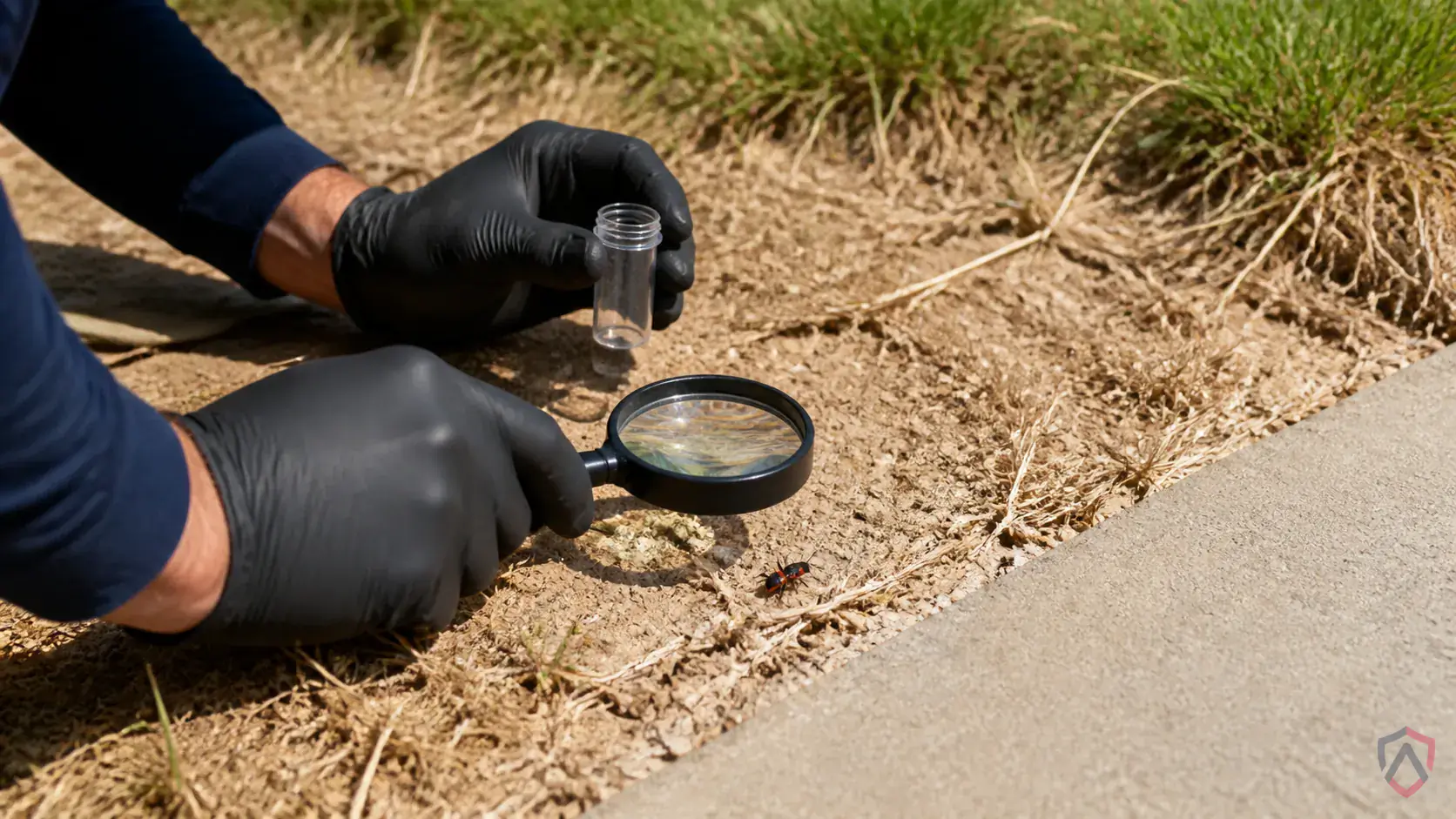 Inspection of nest entrances, eaves, soffits, shrubs, wall gaps, and high-traffic outdoor areas during a suspected Velvet Ants issue