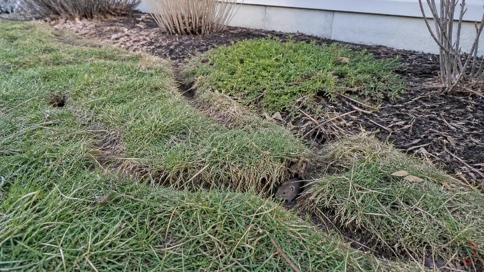 Voles activity in lawns, mulch beds, snow tunnels, tree bases, and shrub lines in Minnesota