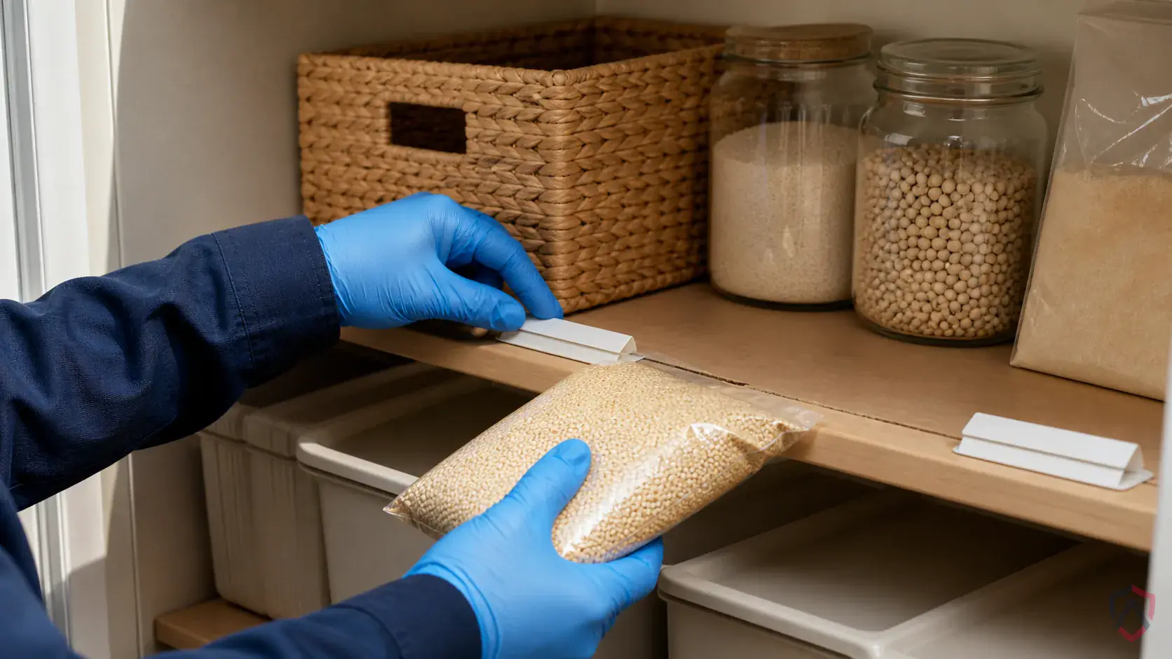 Inspection of dry goods, shelving cracks, storage rooms, discarded packaging, and product spill zones during a suspected Warehouse Beetles issue