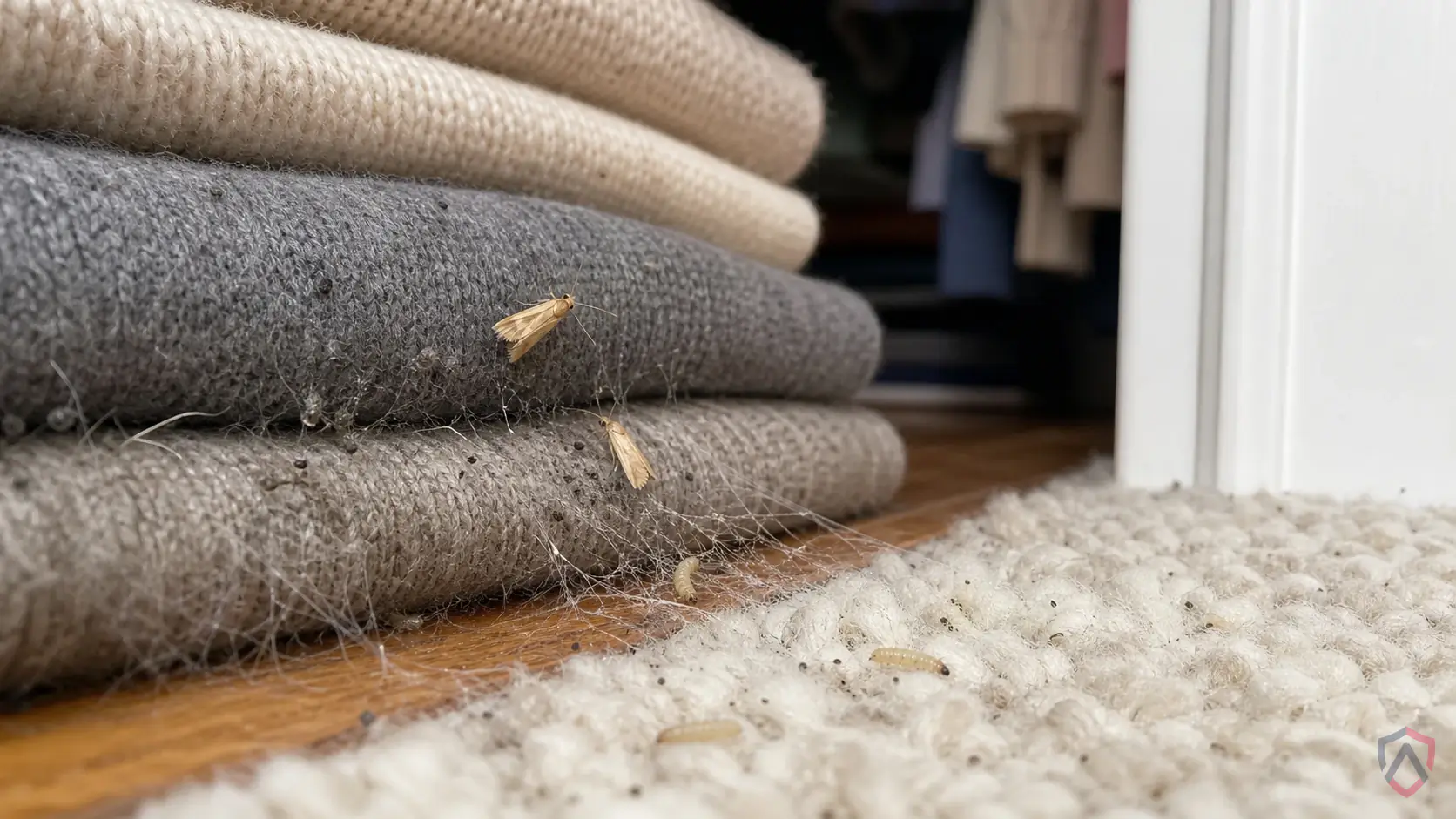 Webbing Clothes Moths activity in closets, wool rugs, stored clothing, taxidermy, pet bedding, vents, lint buildup, and attic storage in Minnesota