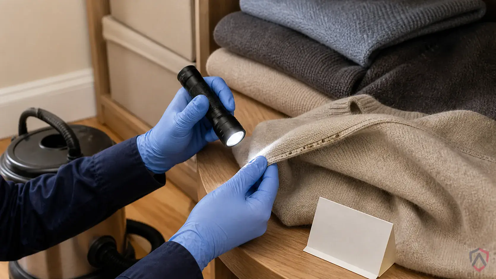 Inspection of closets, baseboards, rugs, upholstery seams, pet resting areas, and stored natural-fiber materials during a suspected Webbing Clothes Moths issue