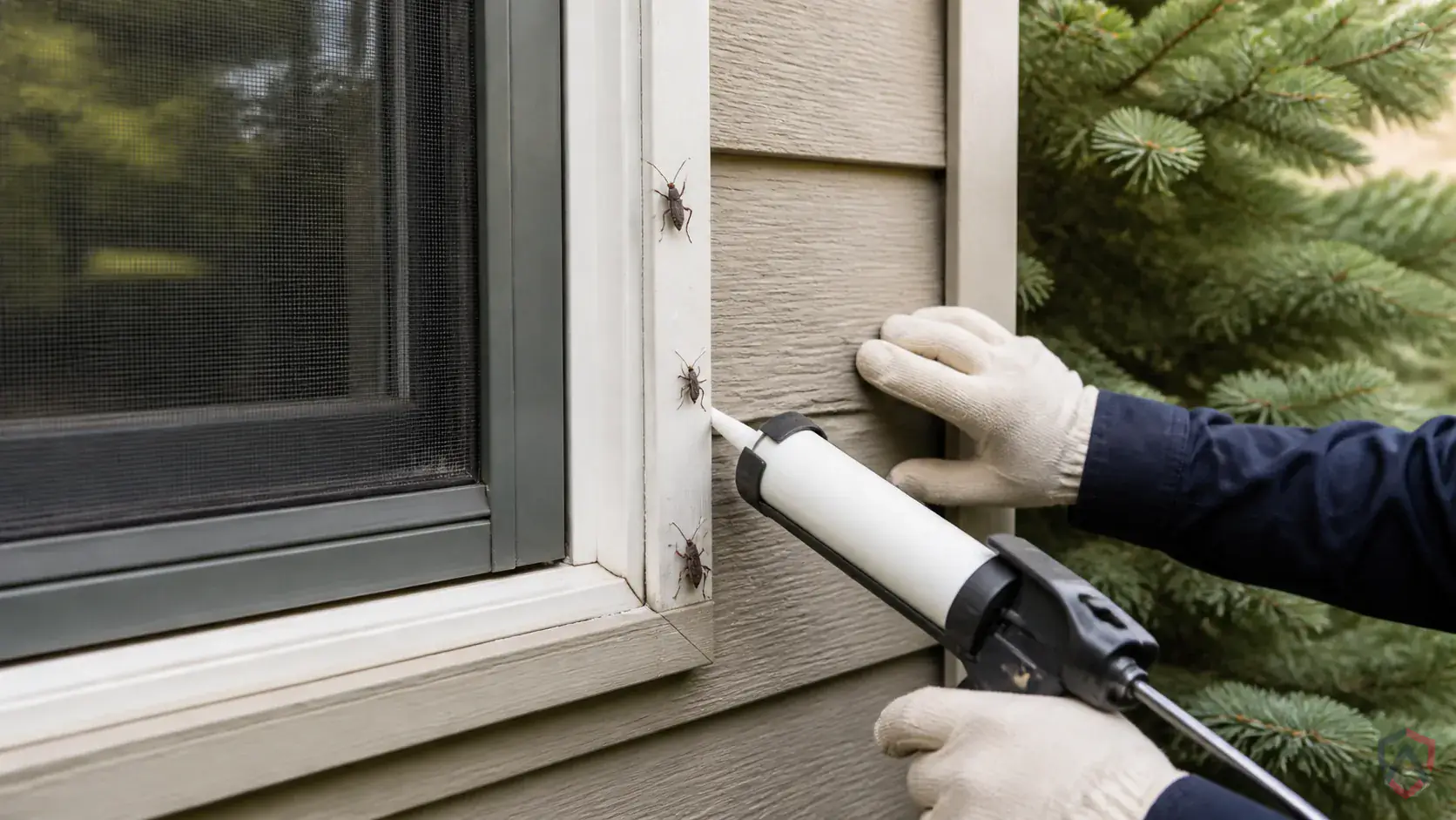 Inspection of perimeter gaps, siding transitions, window frames, doors, soffits, and overwintering entry points during a suspected Western Conifer-Seed Bug issue