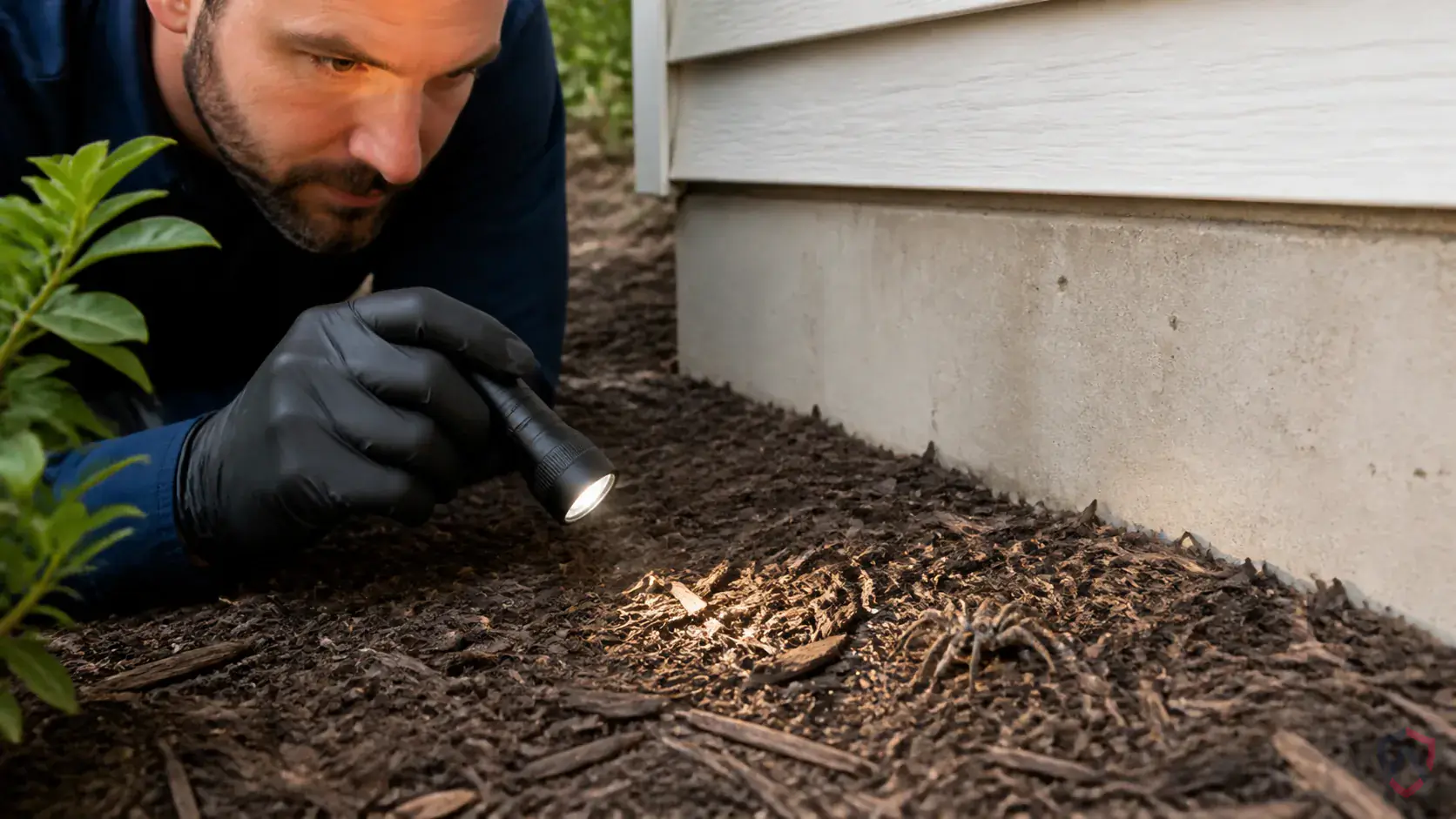 Inspection of webbing zones, corners, cracks, exterior light areas, and insect entry points during a suspected Wolf Spiders issue