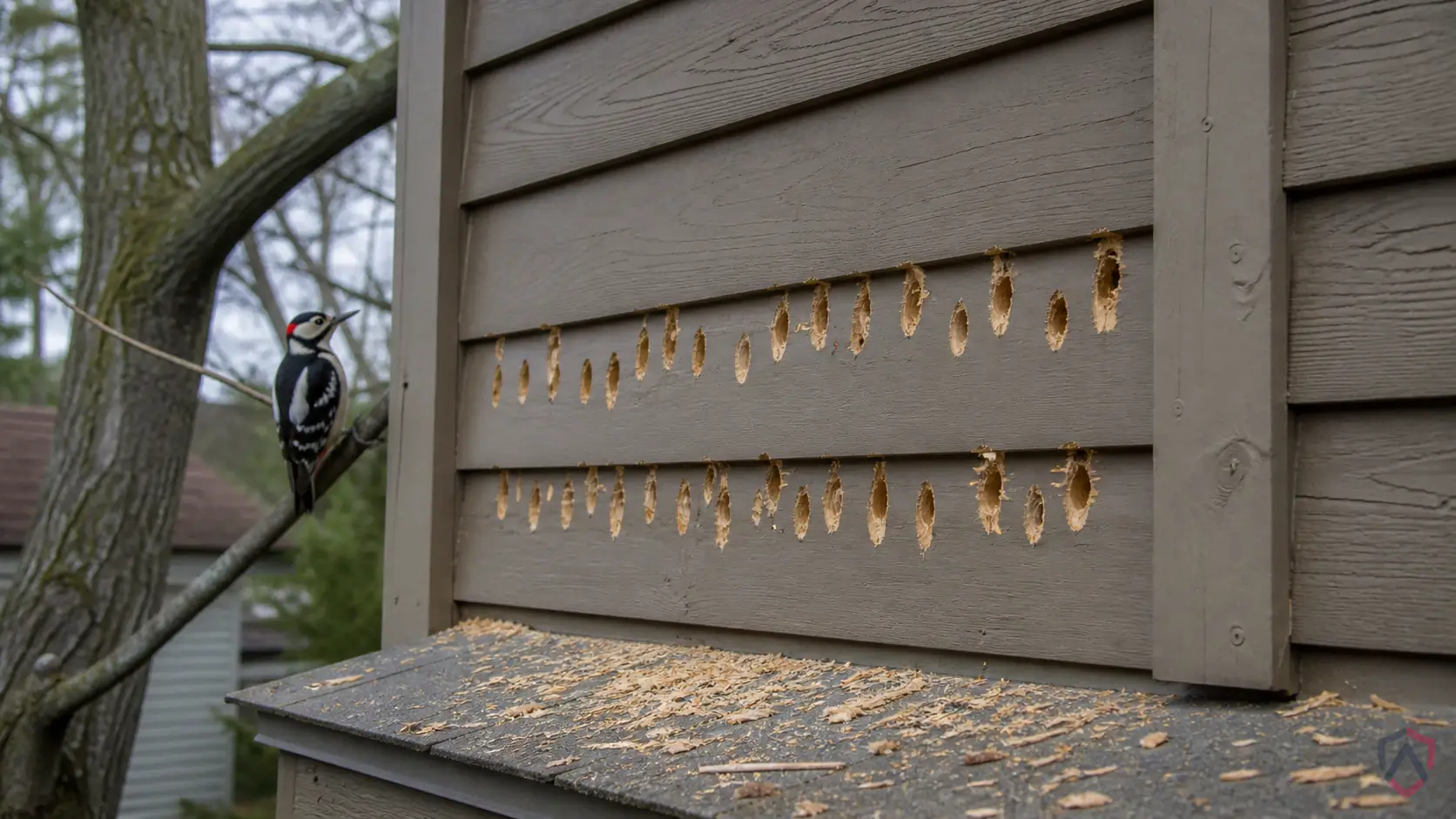 Woodpeckers activity in wood siding, eaves, fascia, trim boards, and drumming locations in Minnesota