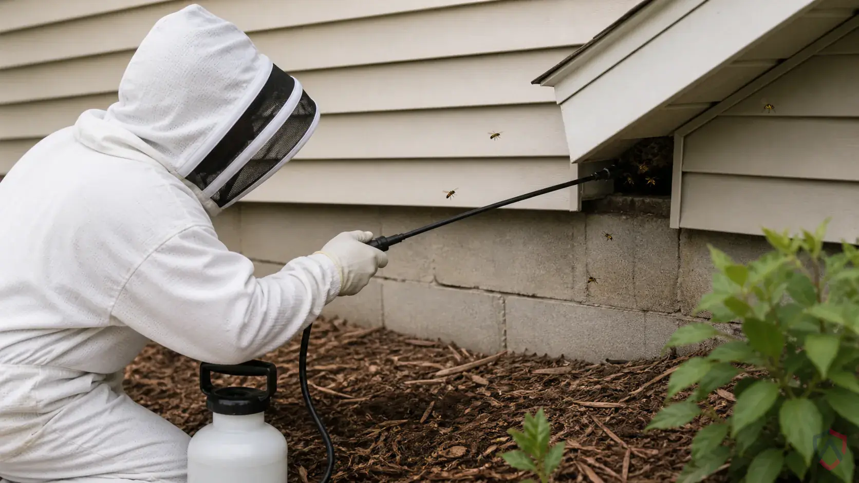 Inspection of nest entrances, eaves, soffits, shrubs, wall gaps, and high-traffic outdoor areas during a suspected Yellow Jackets issue